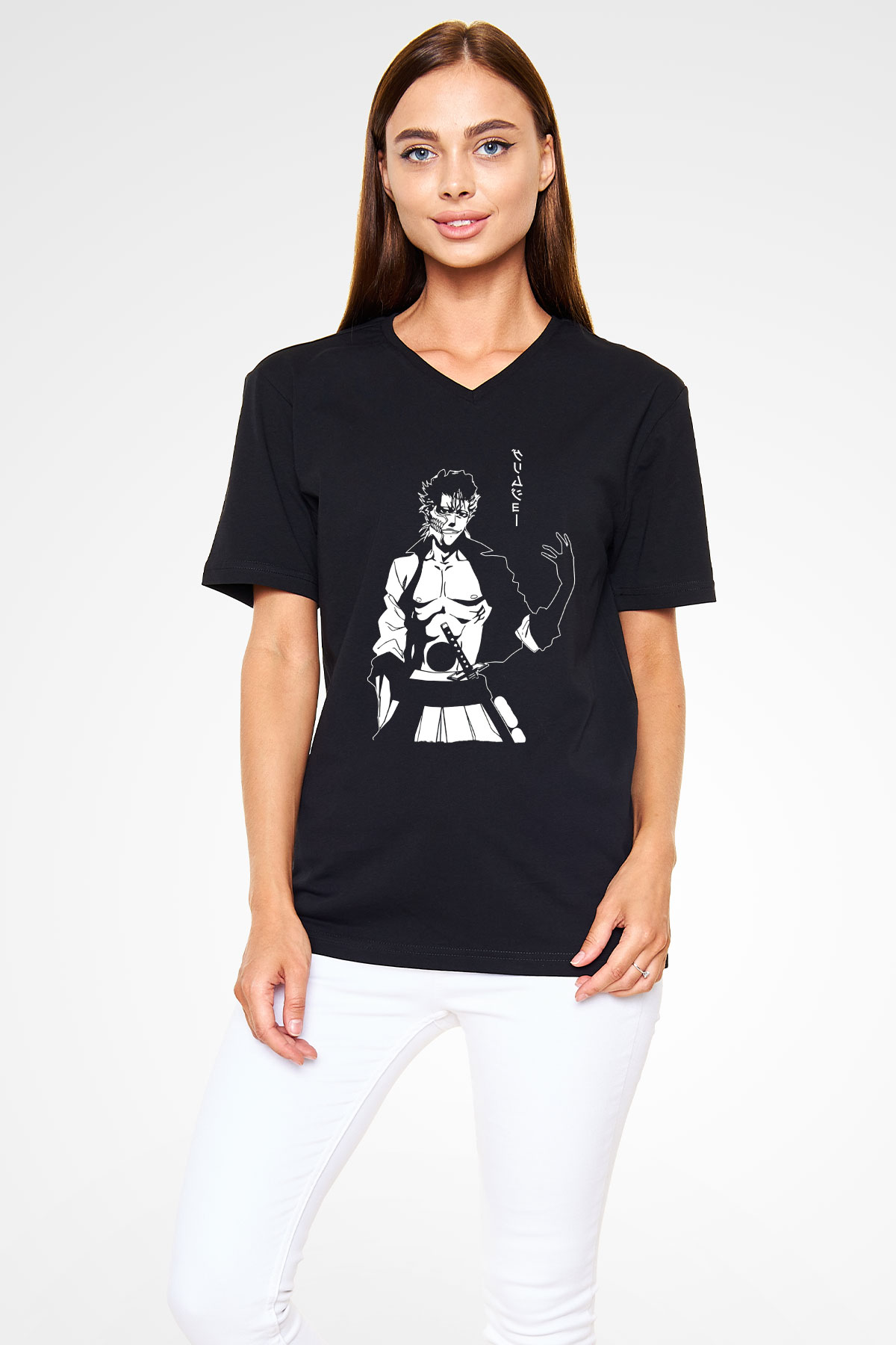 Bleach Baskılı Unisex Siyah V Yaka Tişört - Tshirt