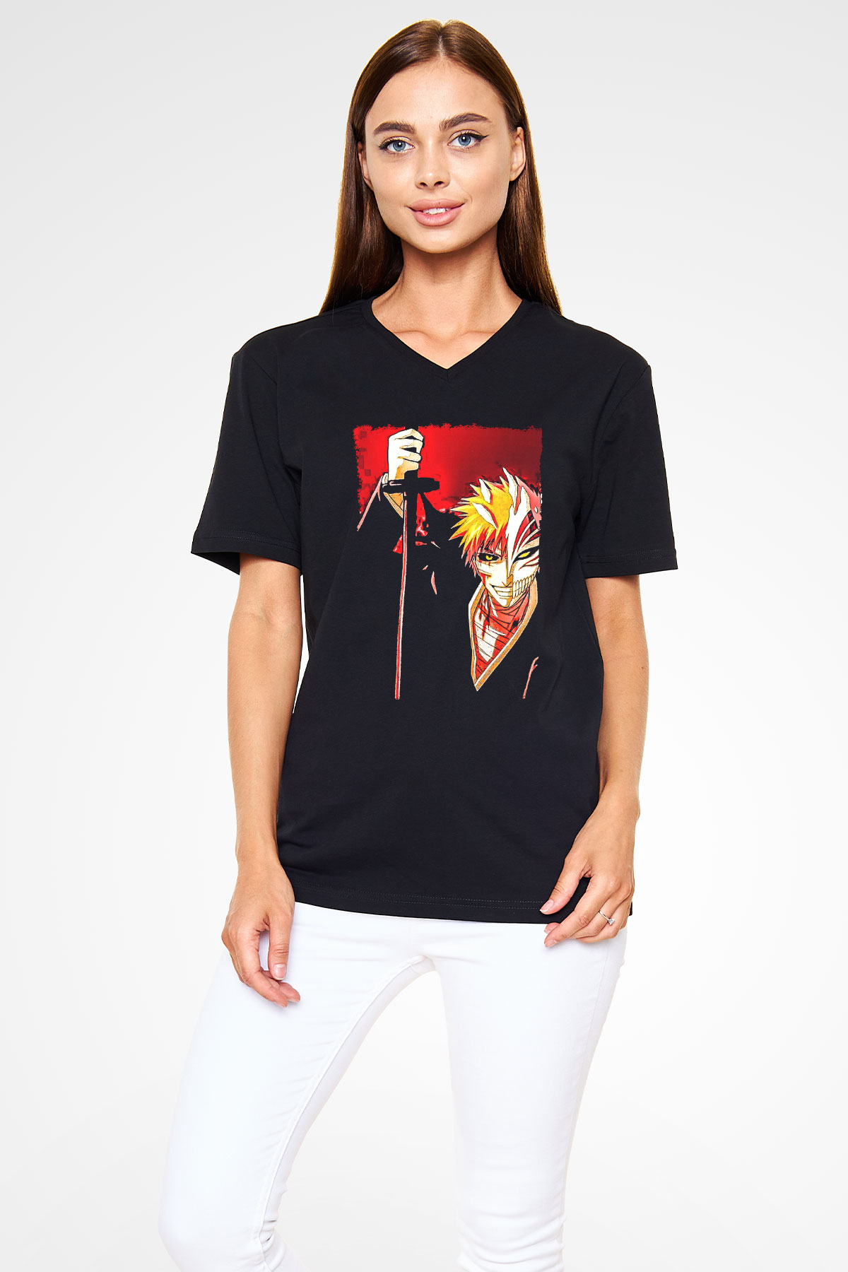 Bleach Baskılı Unisex Siyah V Yaka Tişört - Tshirt