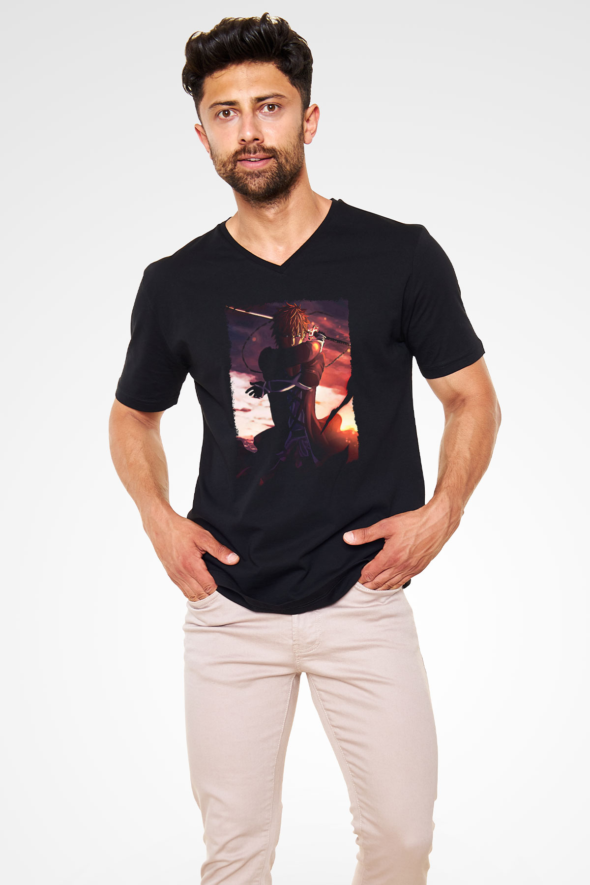 Bleach Baskılı Unisex Siyah V Yaka Tişört - Tshirt