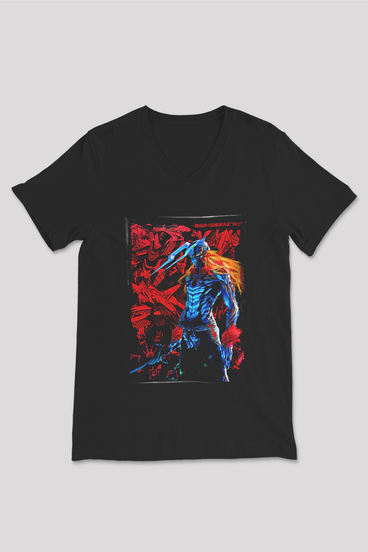 Bleach Baskılı Unisex Siyah V Yaka Tişört - Tshirt