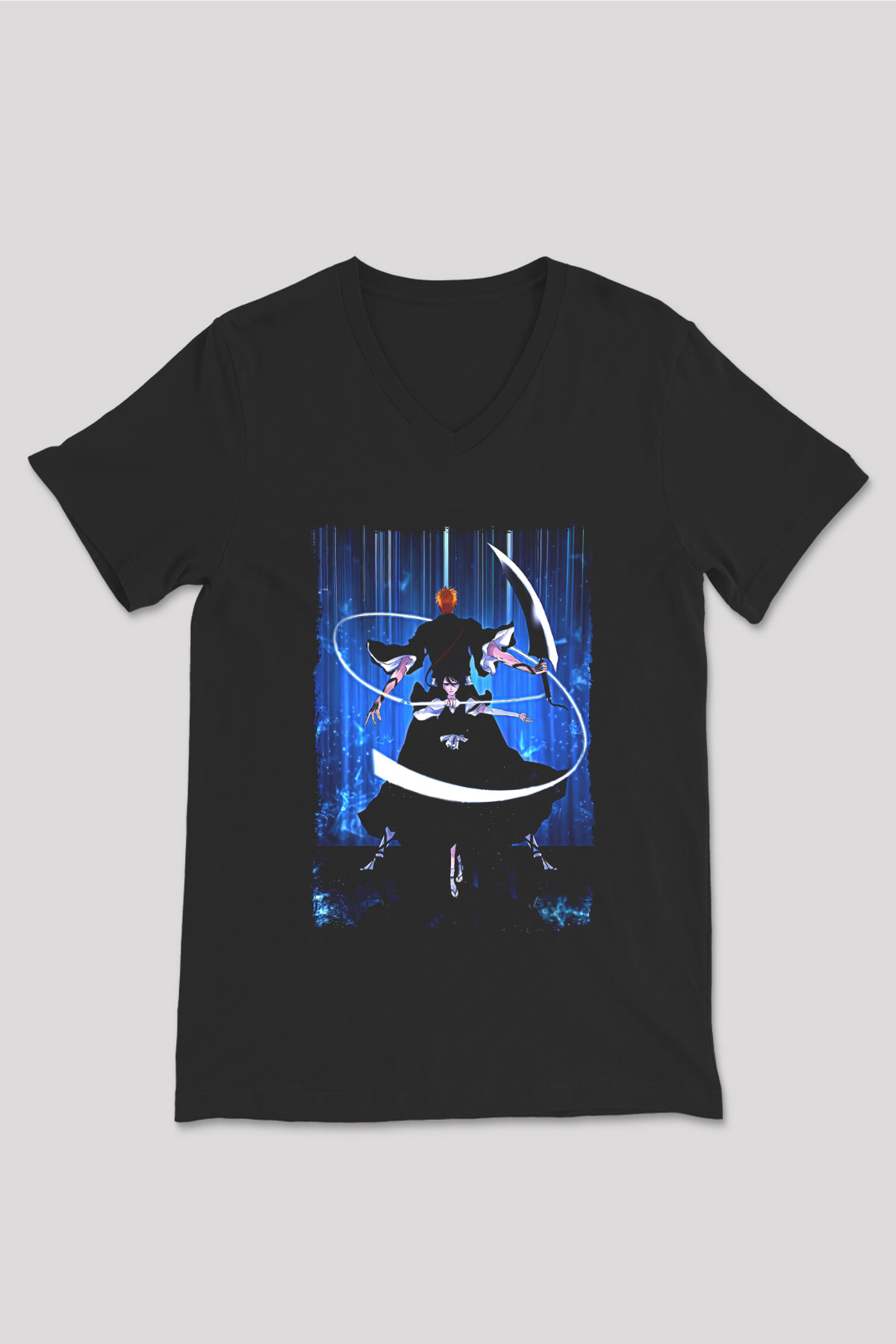 Bleach Baskılı Unisex Siyah V Yaka Tişört - Tshirt