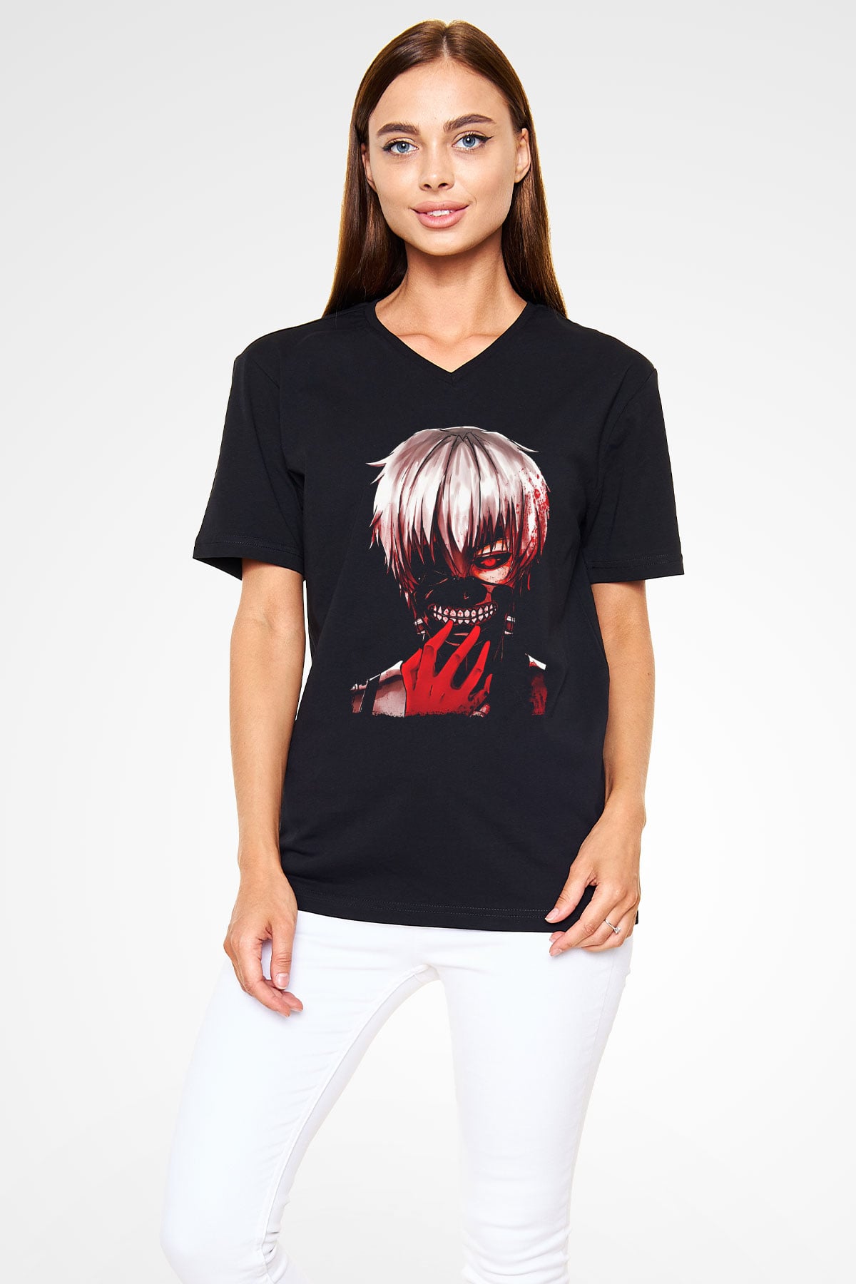 Bleach Baskılı Unisex Siyah V Yaka Tişört - Tshirt