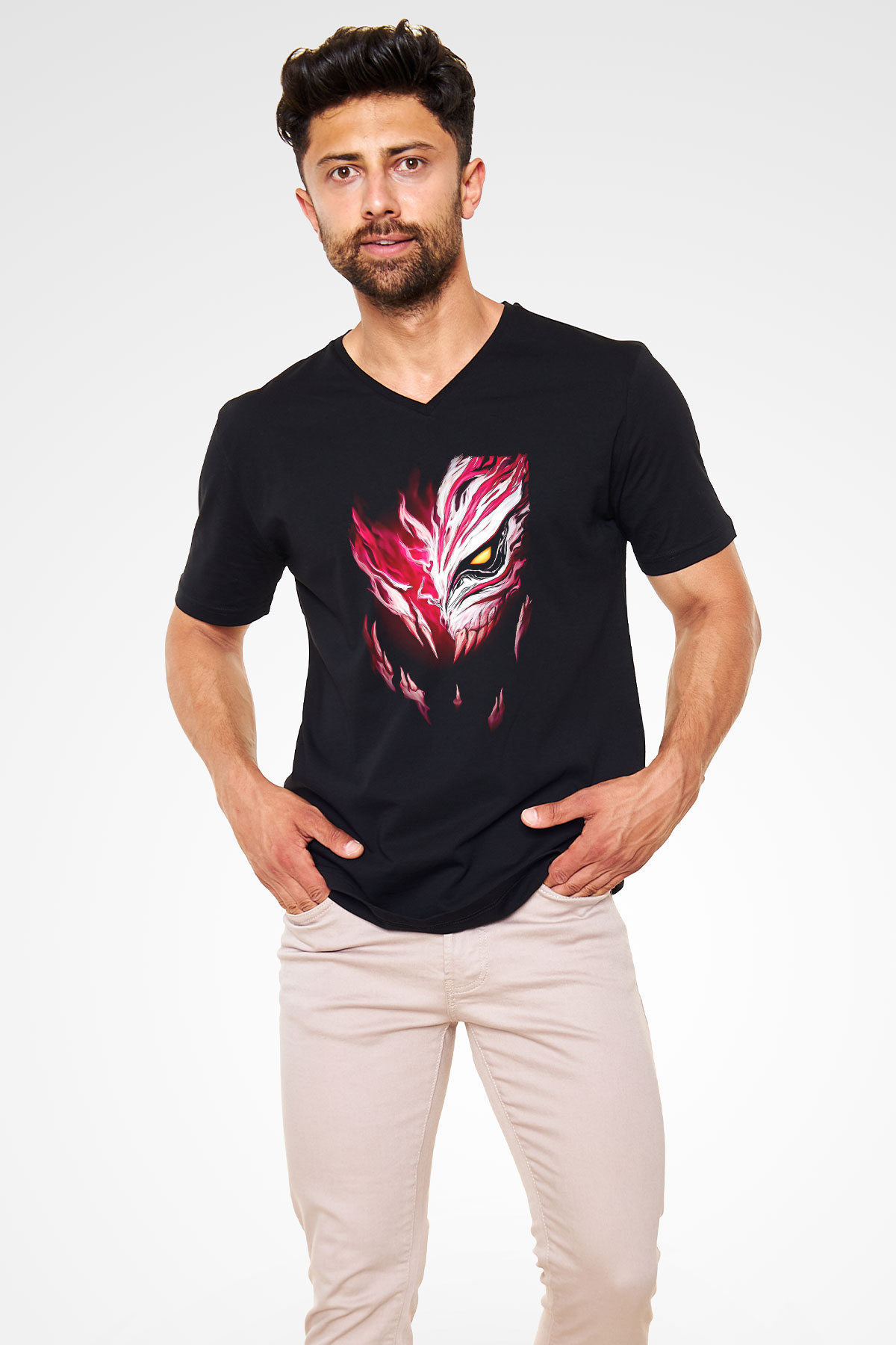 Bleach Baskılı Unisex Siyah V Yaka Tişört - Tshirt