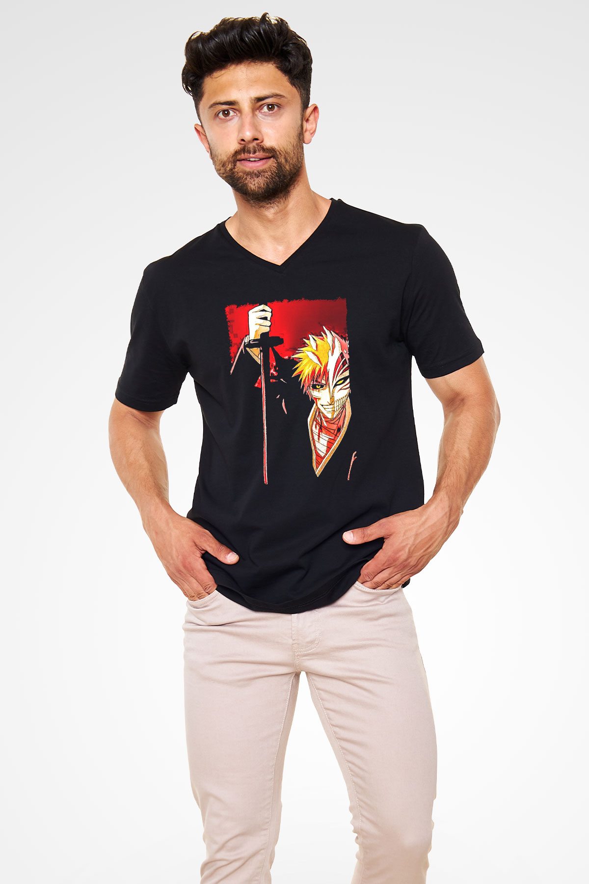 Bleach Baskılı Unisex Siyah V Yaka Tişört - Tshirt