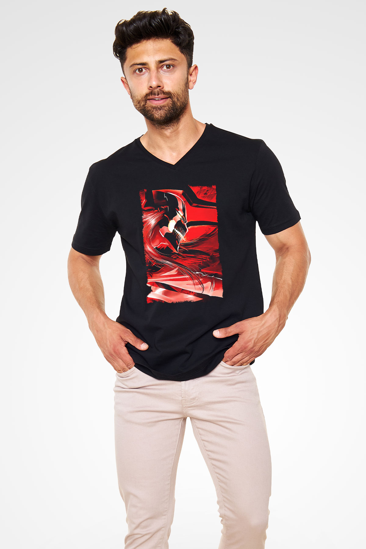 Bleach Baskılı Unisex Siyah V Yaka Tişört - Tshirt