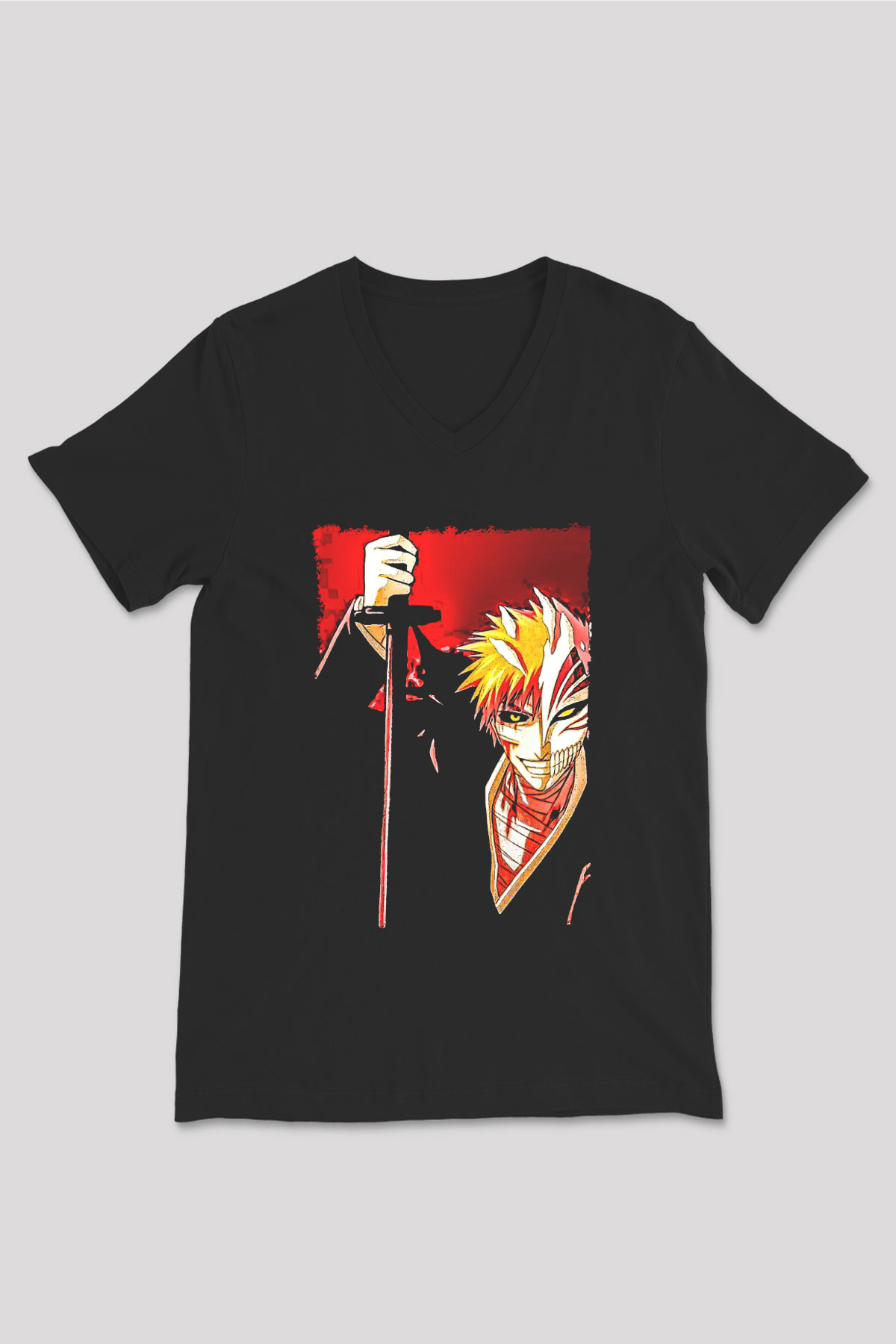Bleach Baskılı Unisex Siyah V Yaka Tişört - Tshirt