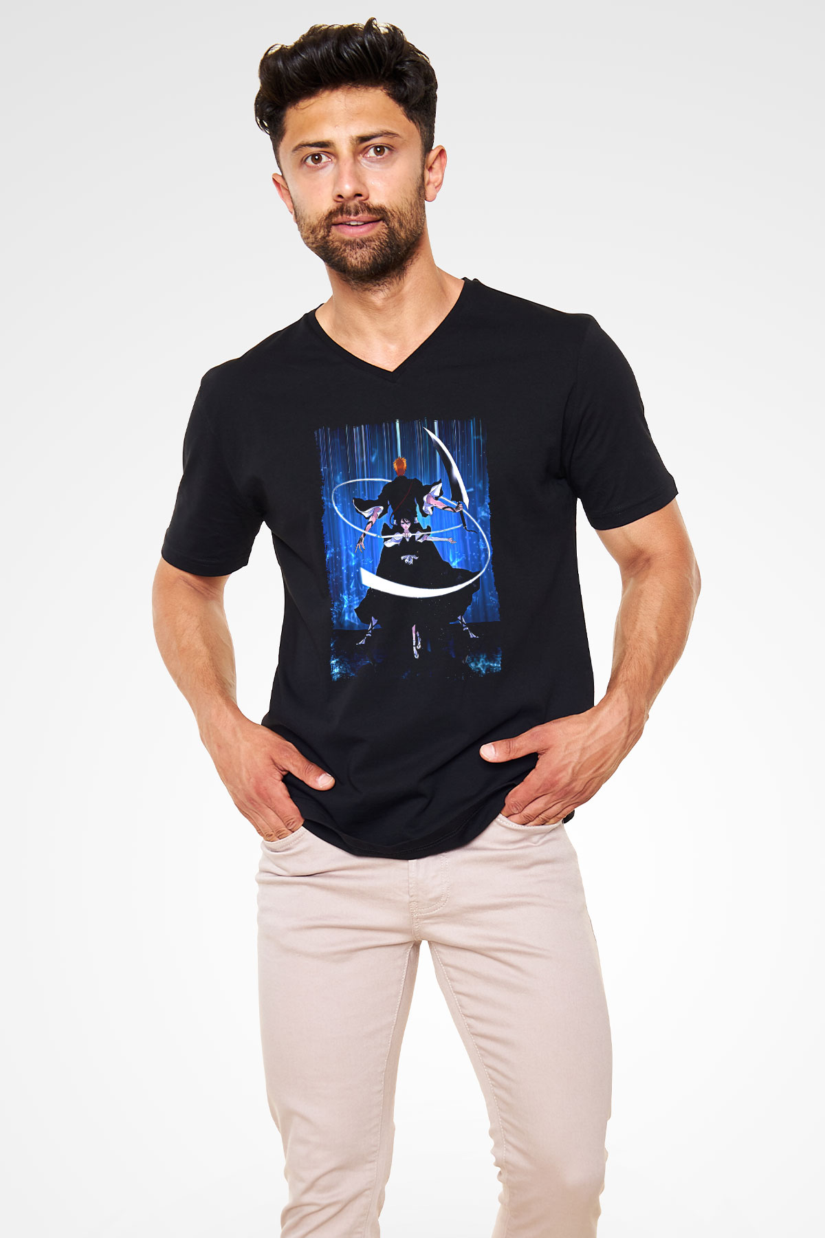 Bleach Baskılı Unisex Siyah V Yaka Tişört - Tshirt