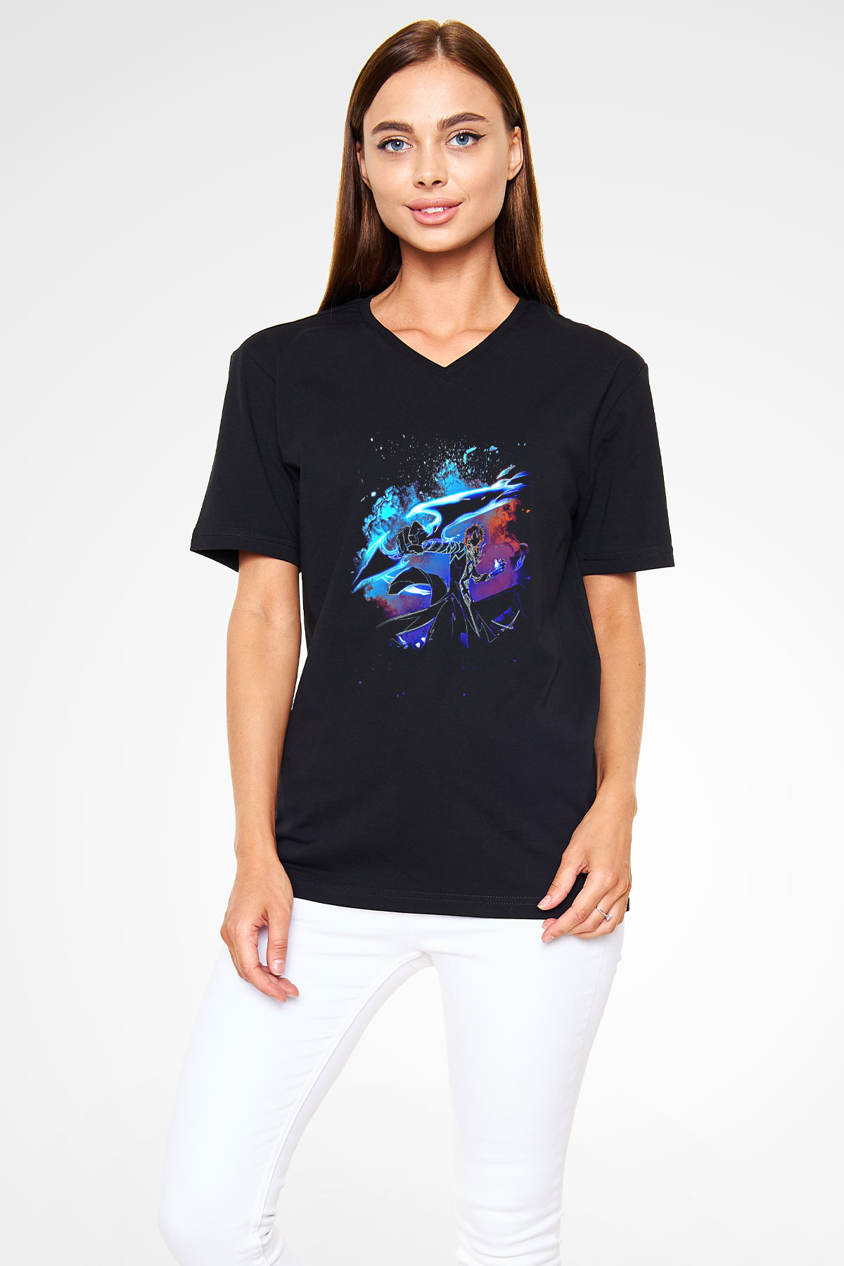 Bleach Baskılı Unisex Siyah V Yaka Tişört - Tshirt