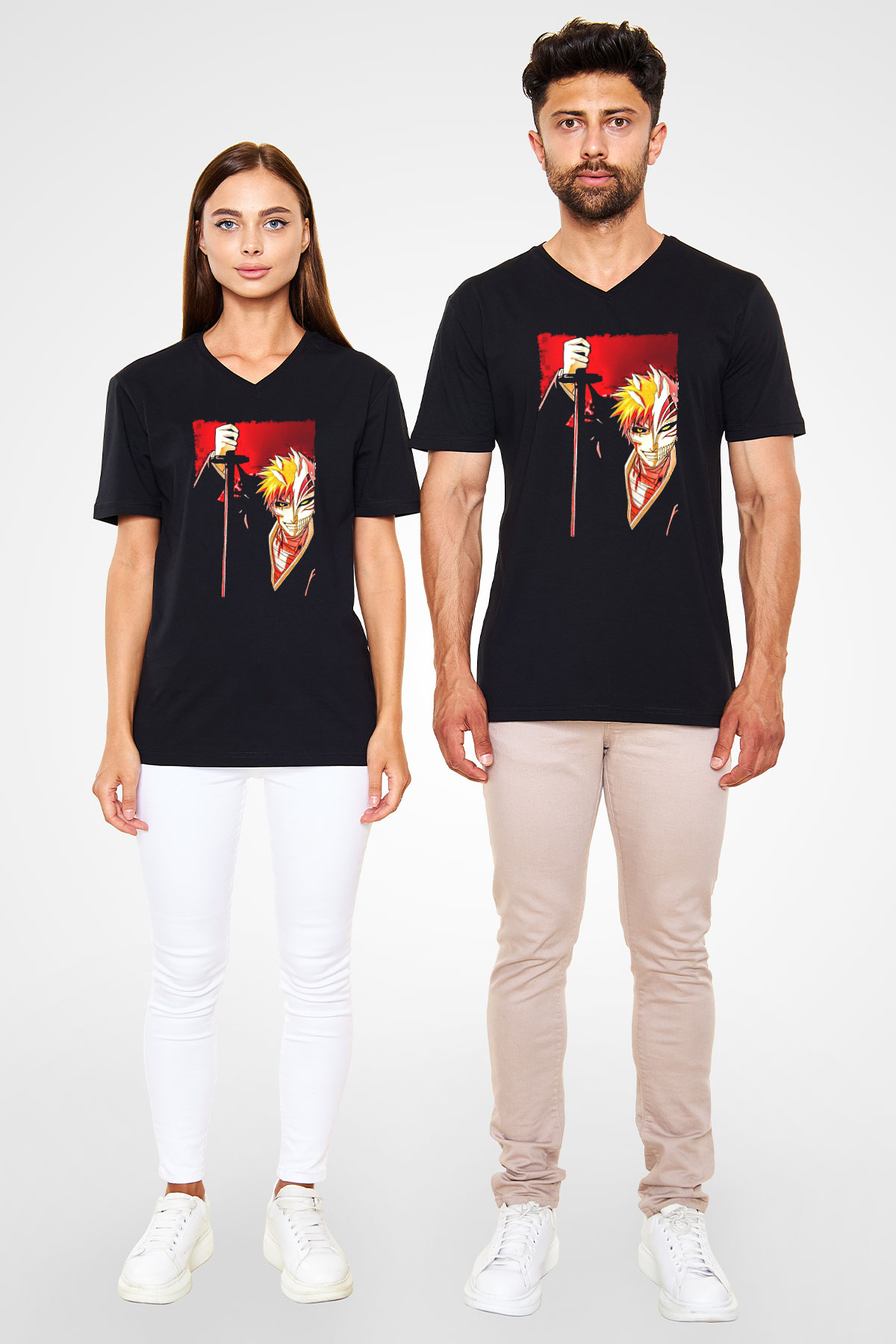 Bleach Baskılı Unisex Siyah V Yaka Tişört - Tshirt