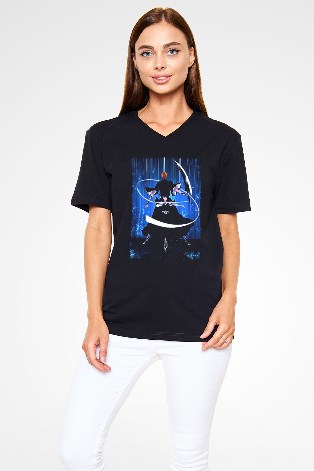 Bleach Baskılı Unisex Siyah V Yaka Tişört - Tshirt