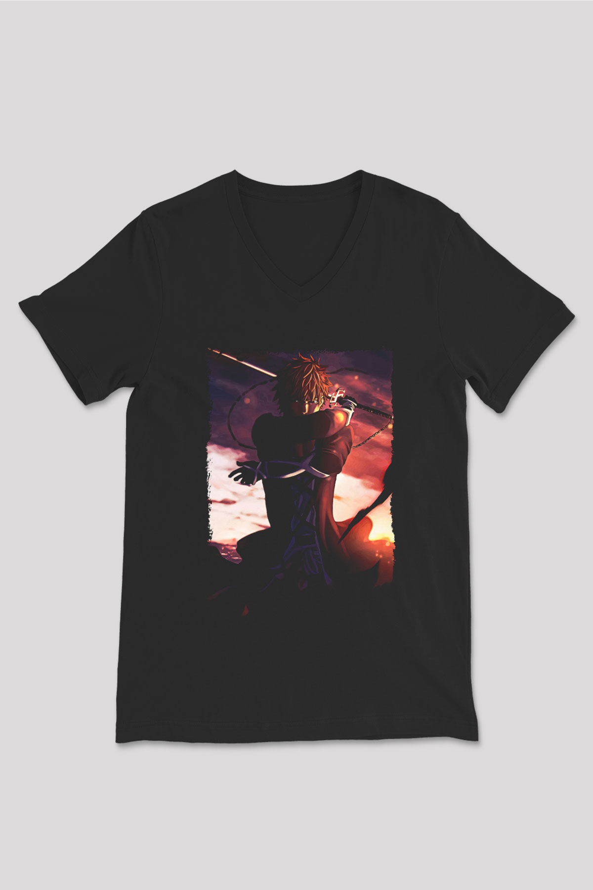 Bleach Baskılı Unisex Siyah V Yaka Tişört - Tshirt