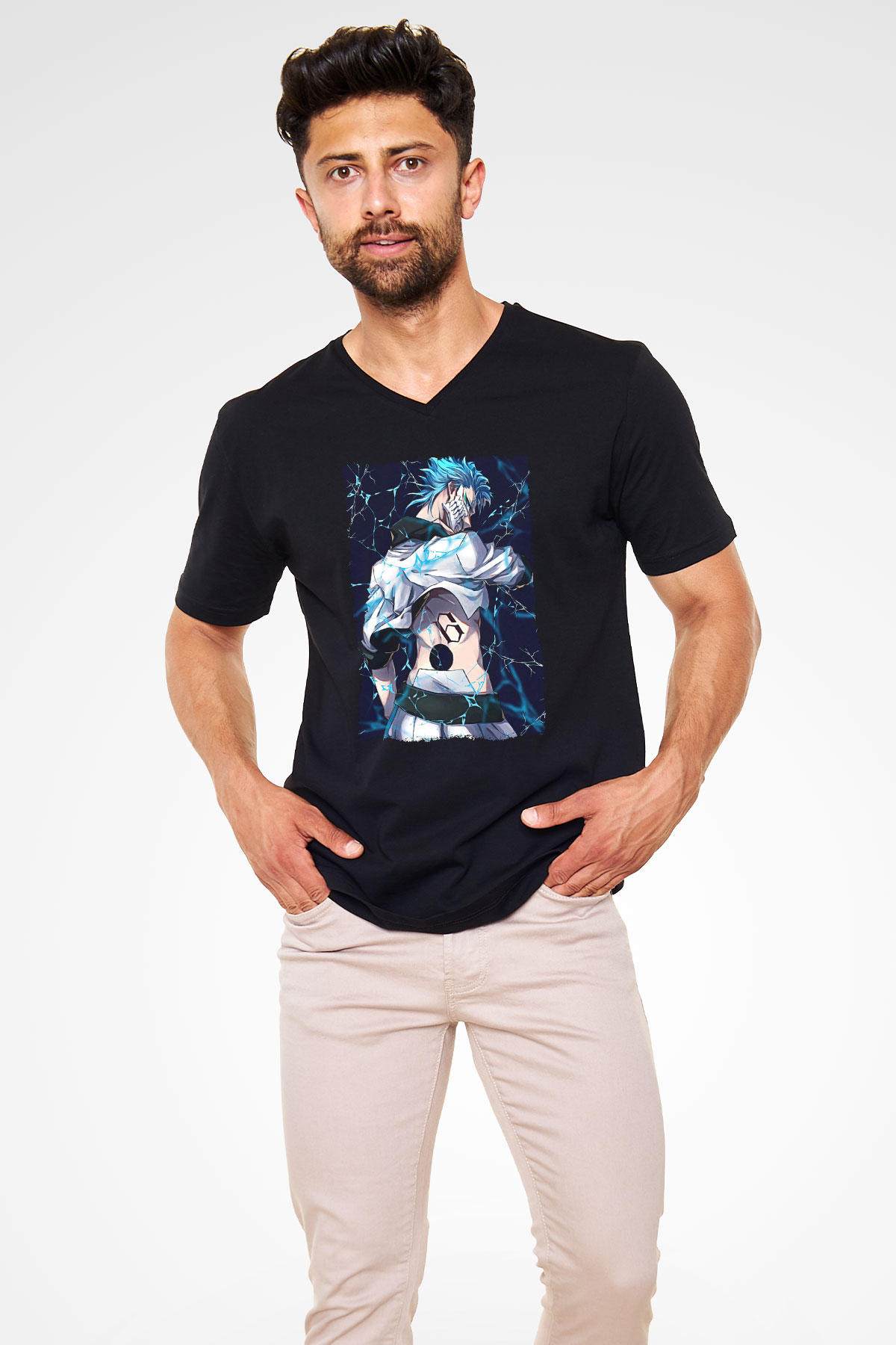 Bleach Baskılı Unisex Siyah V Yaka Tişört - Tshirt