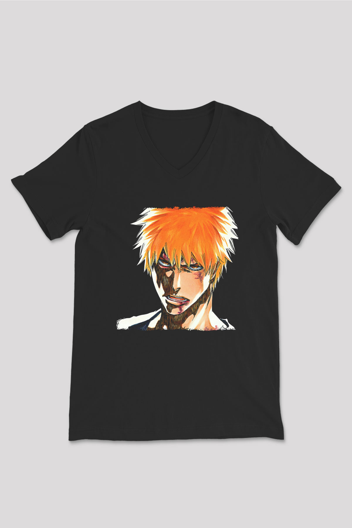 Bleach Baskılı Unisex Siyah V Yaka Tişört - Tshirt