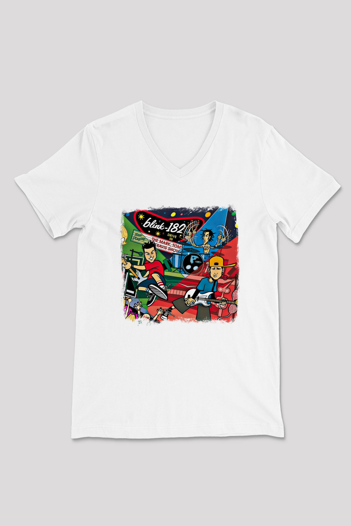 Blink-182 Baskılı Unisex Beyaz V Yaka Tişört