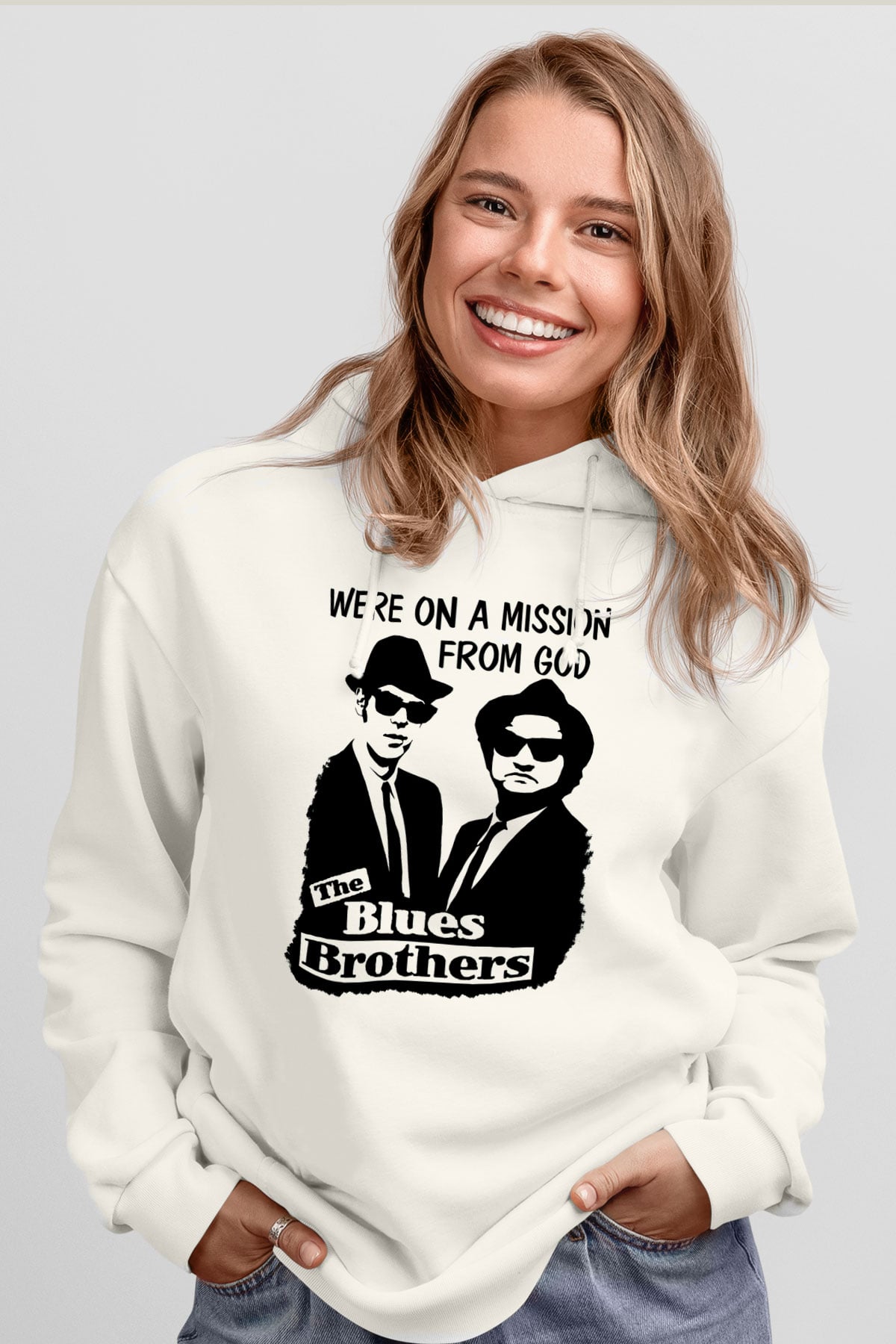 Blue Brothers Beyaz Unisex Kapşonlu Sweatshirt