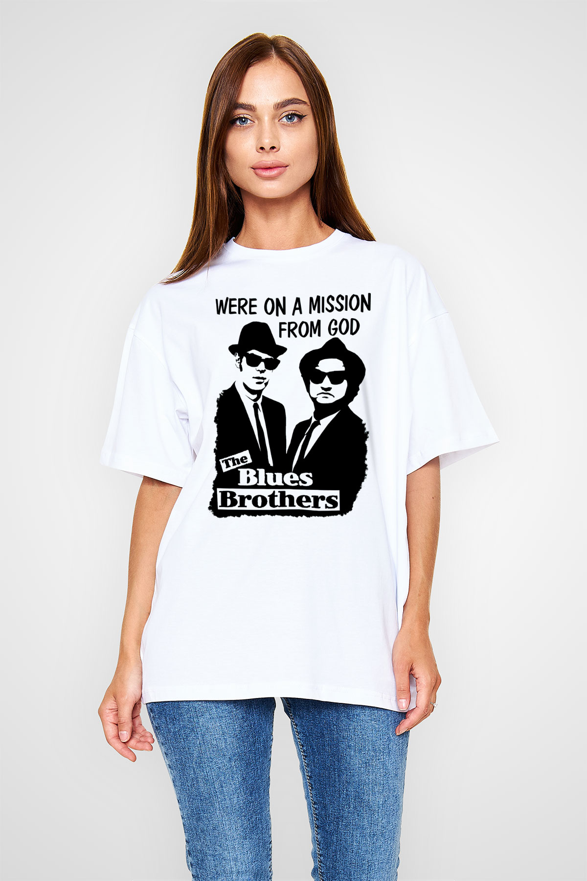 Blue Brothers Beyaz Unisex Oversize Tişört