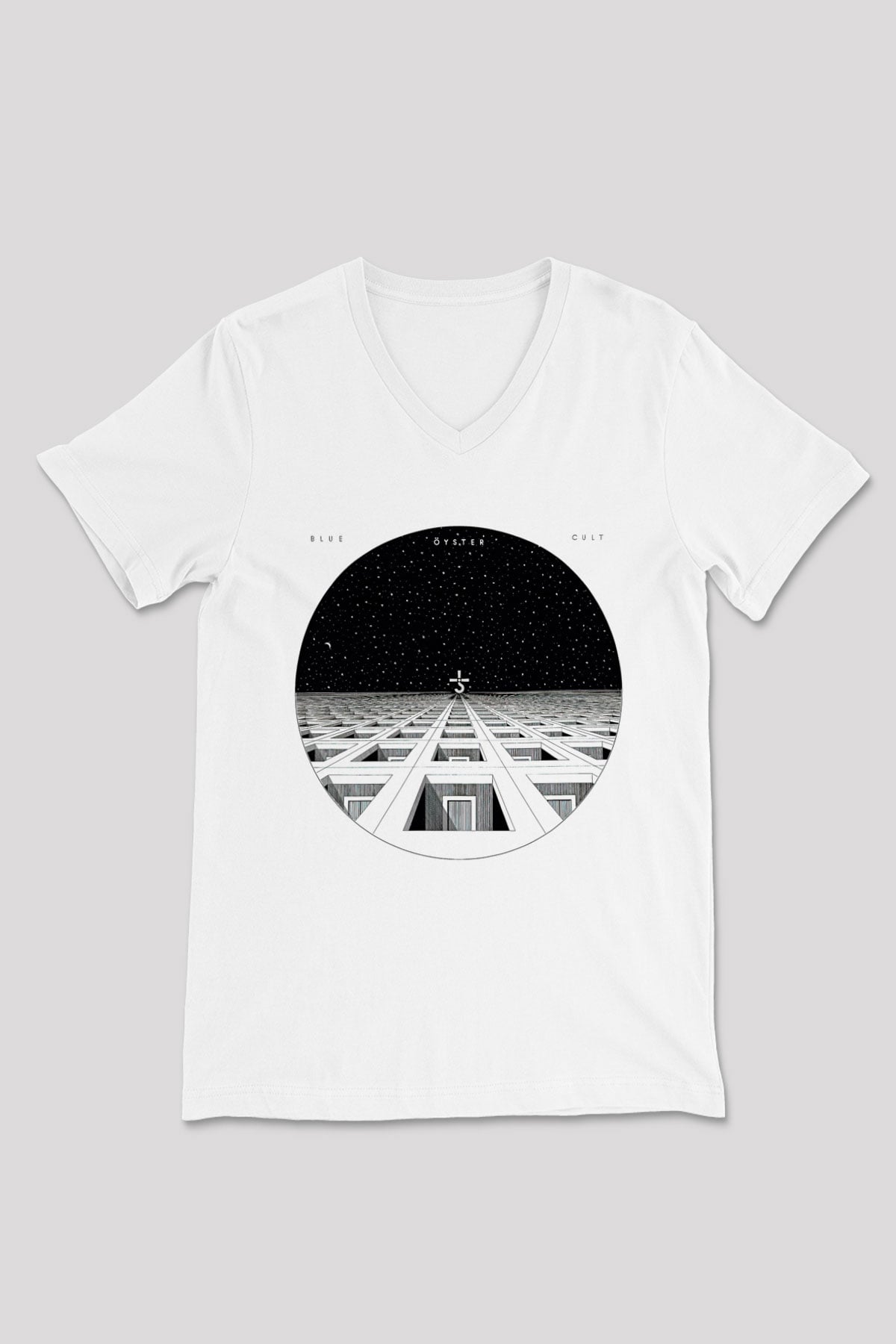 Blue Oyster Cult Baskılı Beyaz Unisex V Yaka Tişört - Tshirt