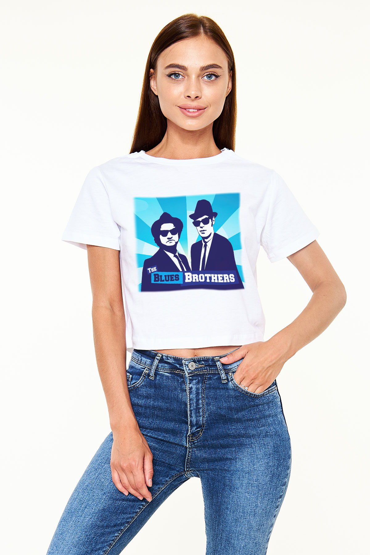 Blues Brothers Beyaz Croptop Tişört