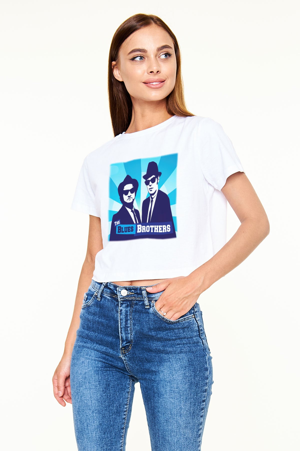 Blues Brothers Beyaz Croptop Tişört