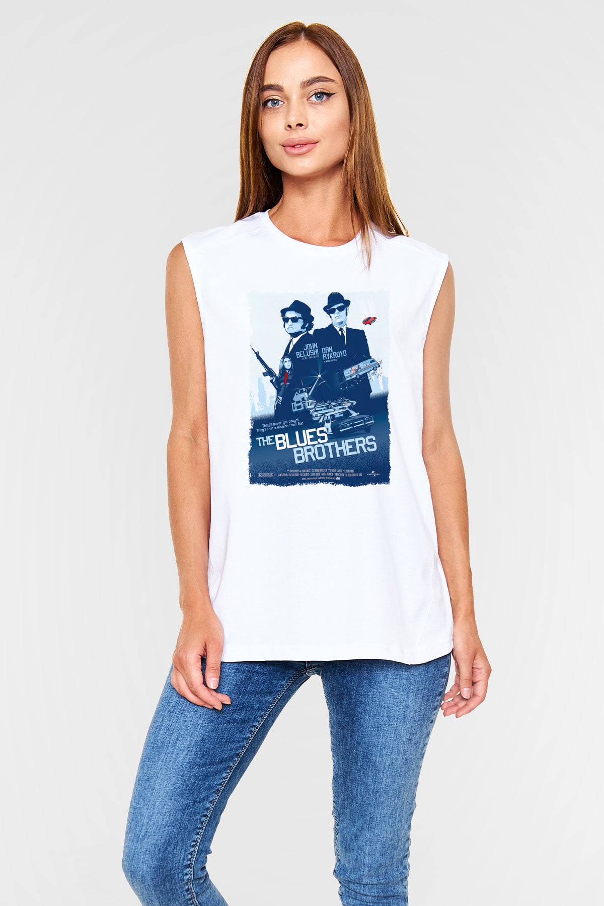 Blues Brothers Beyaz Unisex Kolsuz Tişört