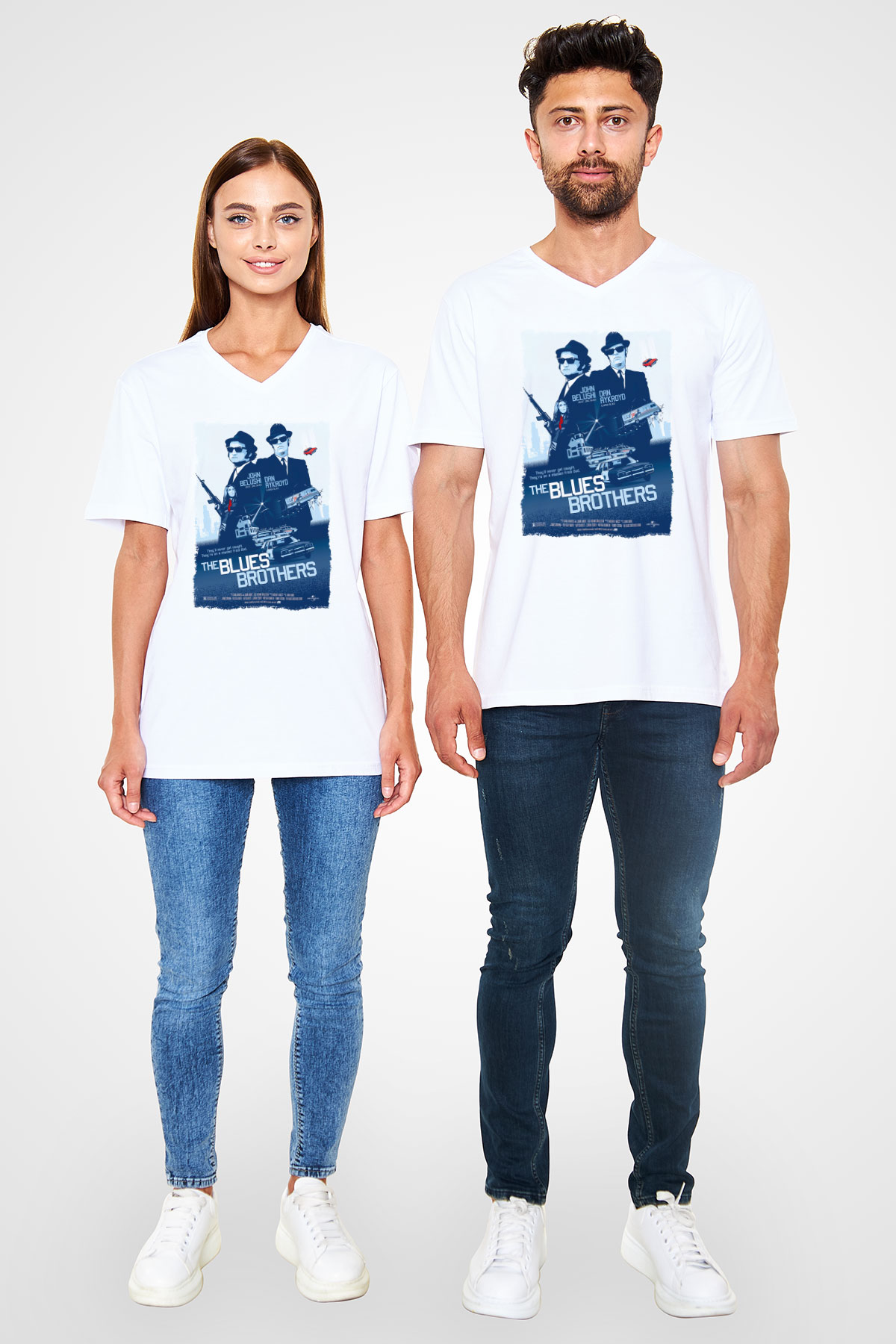 Blues Brothers Beyaz Unisex V Yaka Tişört