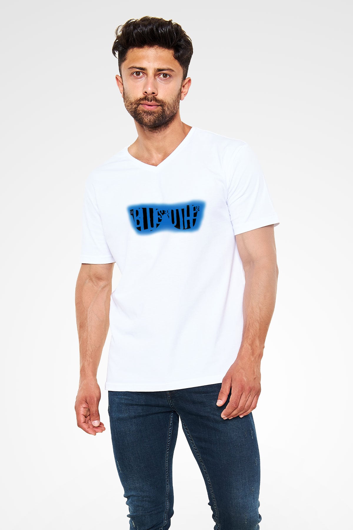 Blues Brothers Beyaz Unisex V Yaka Tişört T-Shirt