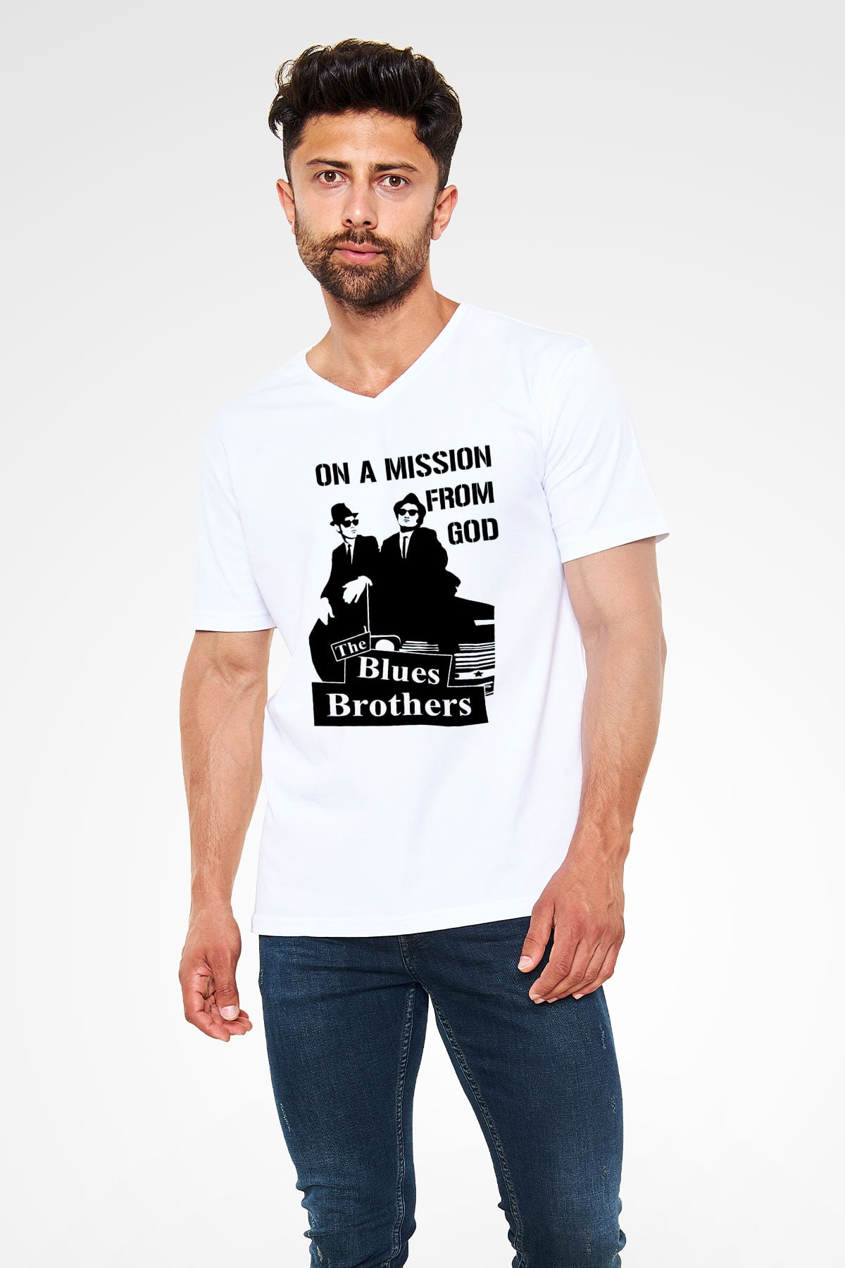 Blues Brothers Beyaz Unisex V Yaka Tişört T-Shirt