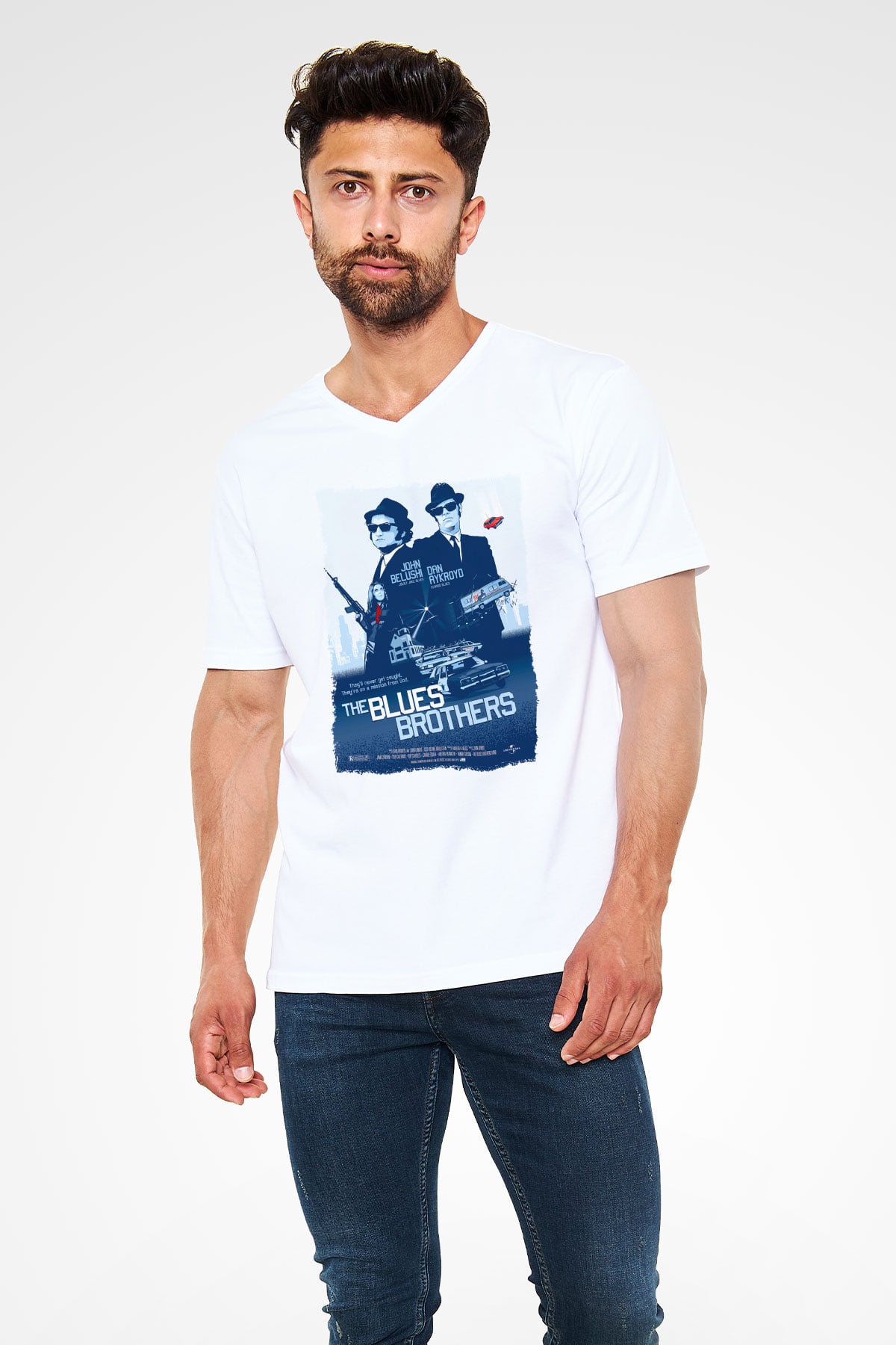 Blues Brothers Beyaz Unisex V Yaka Tişört