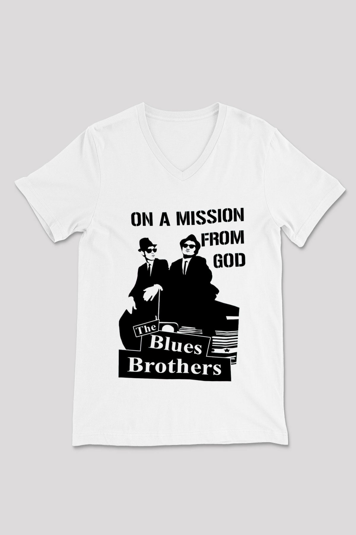 Blues Brothers Beyaz Unisex V Yaka Tişört T-Shirt