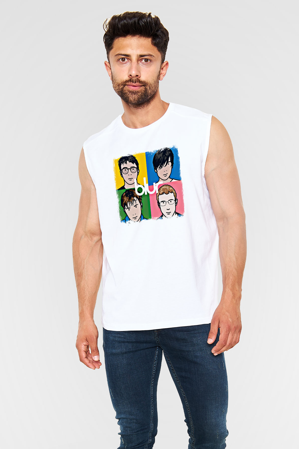 Blur Baskılı Unisex Beyaz Kolsuz Tişört