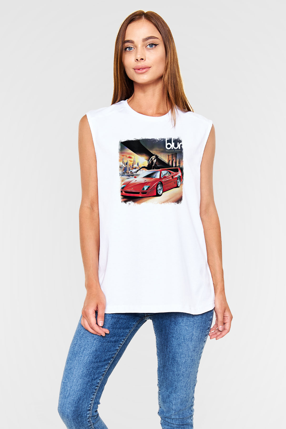 Blur Baskılı Unisex Beyaz Kolsuz Tişört