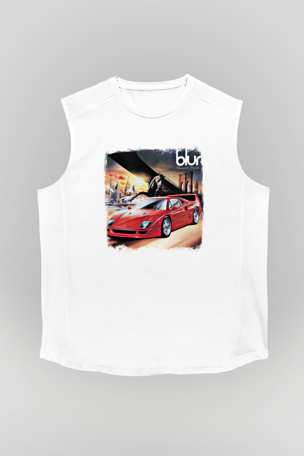 Blur Baskılı Unisex Beyaz Kolsuz Tişört