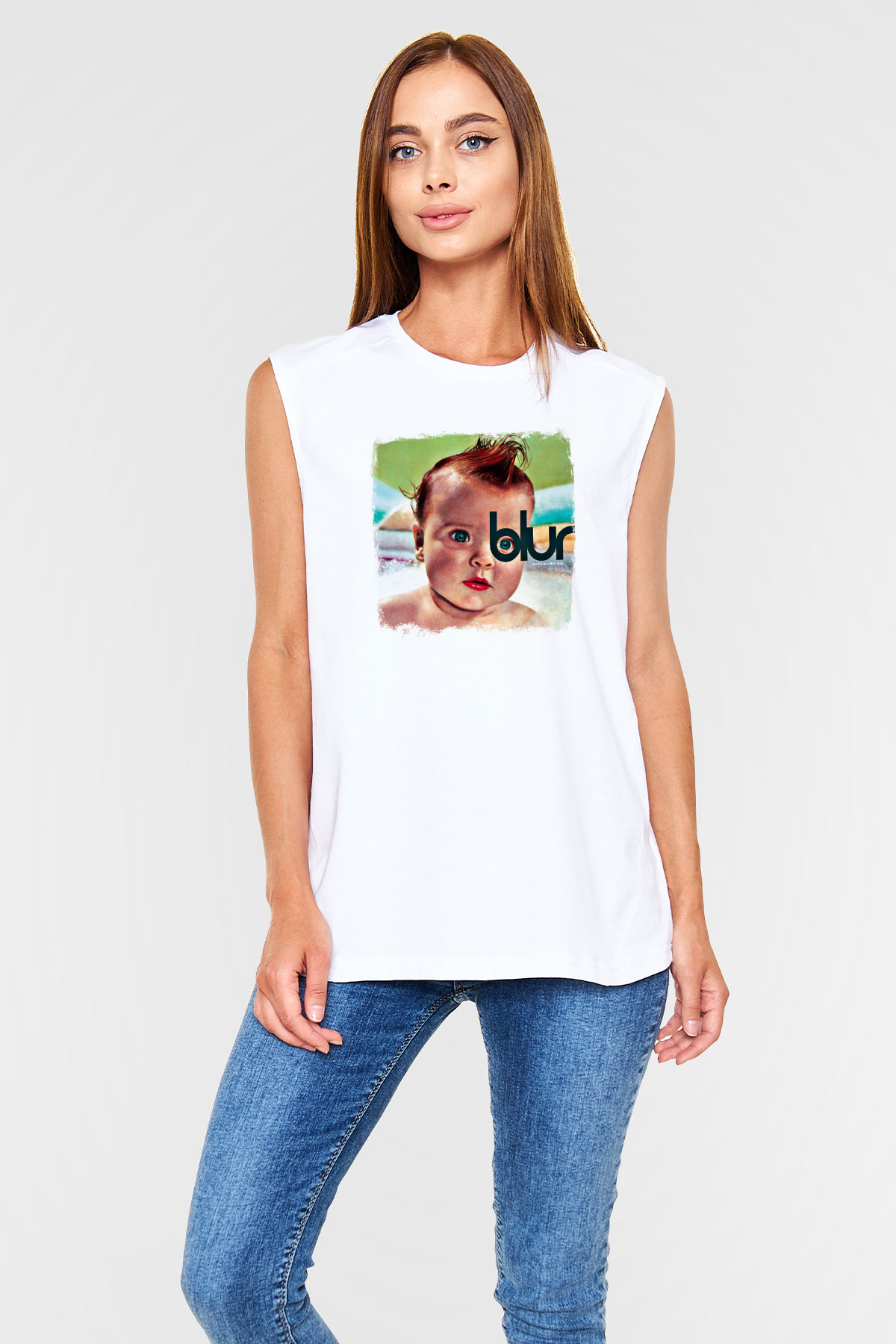 Blur Baskılı Unisex Beyaz Kolsuz Tişört