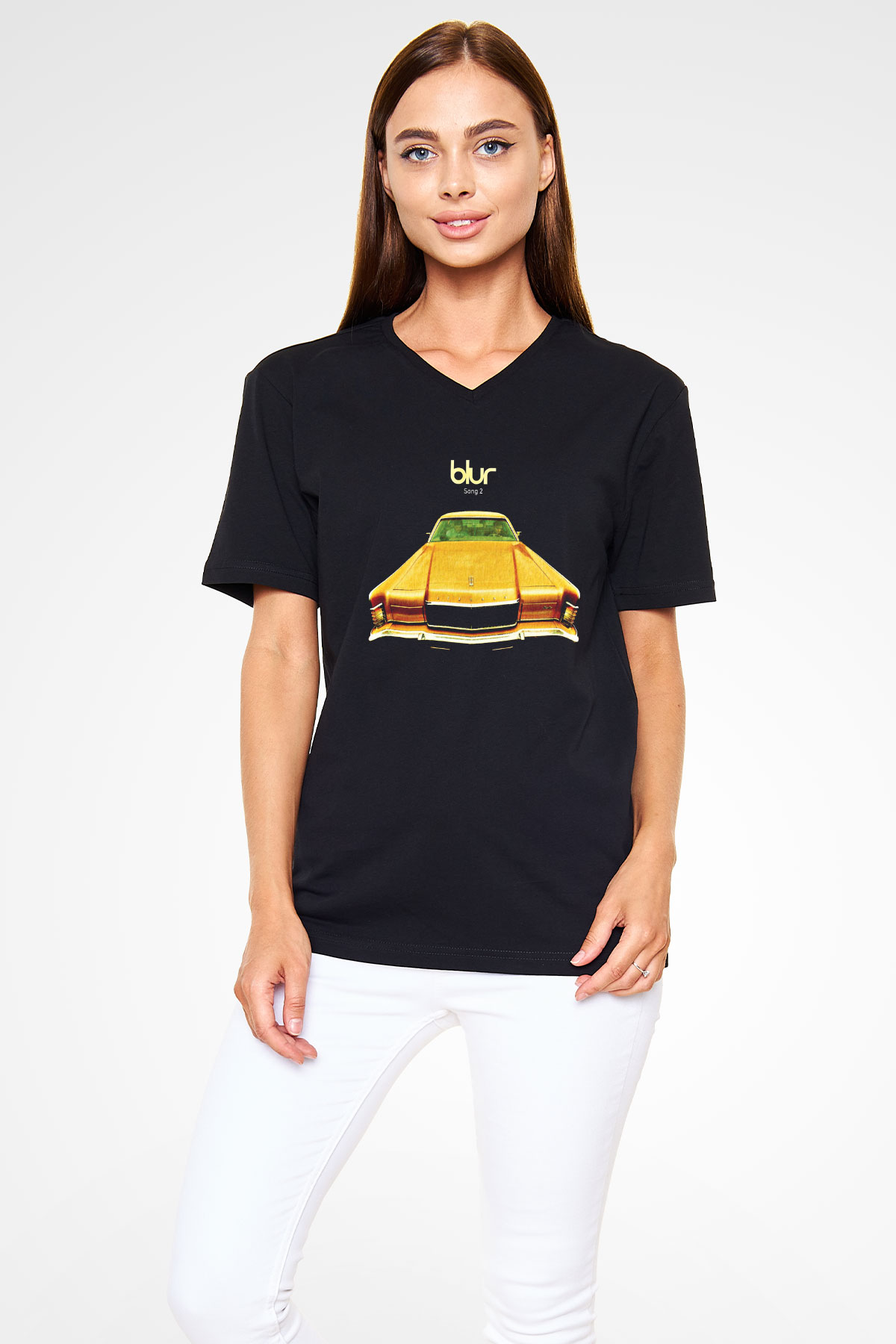 Blur Baskılı Unisex Siyah V Yaka Tişört