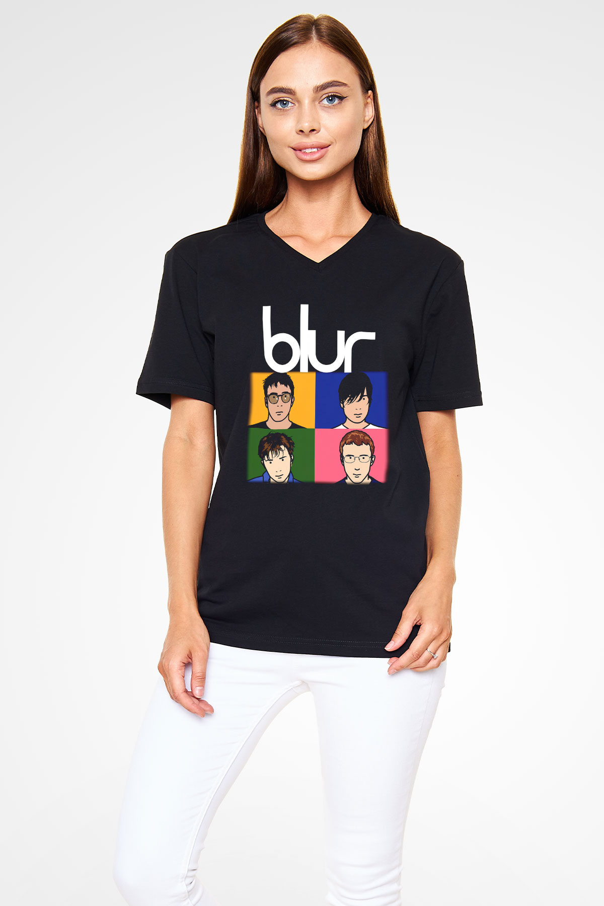 Blur Siyah Unisex V Yaka Tişört T-Shirt