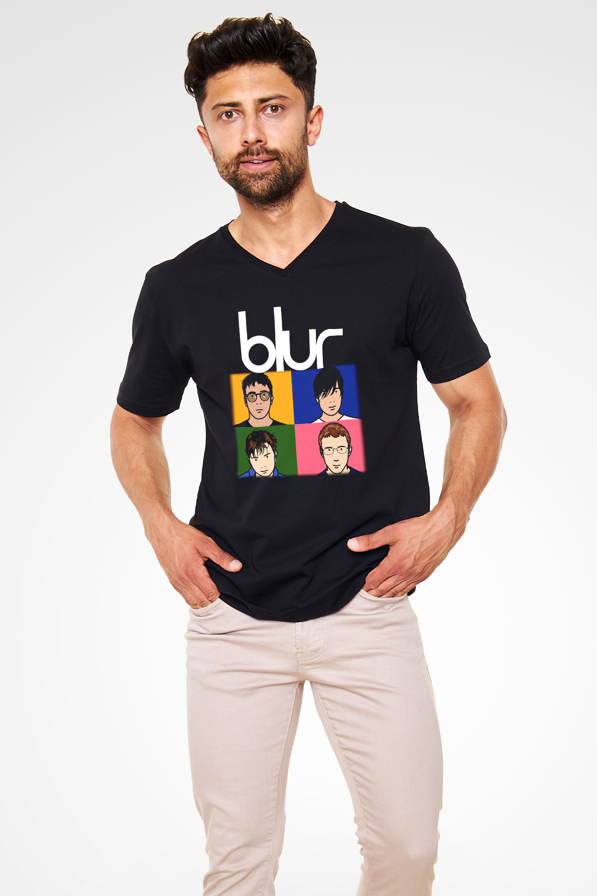 Blur Siyah Unisex V Yaka Tişört T-Shirt