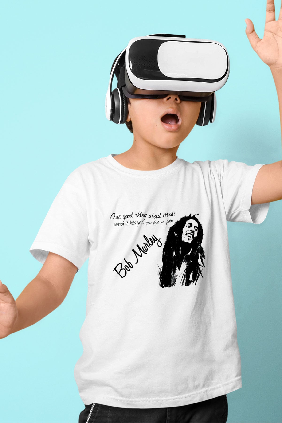 Bob Marley Baskılı Beyaz Unisex Çocuk Tişört