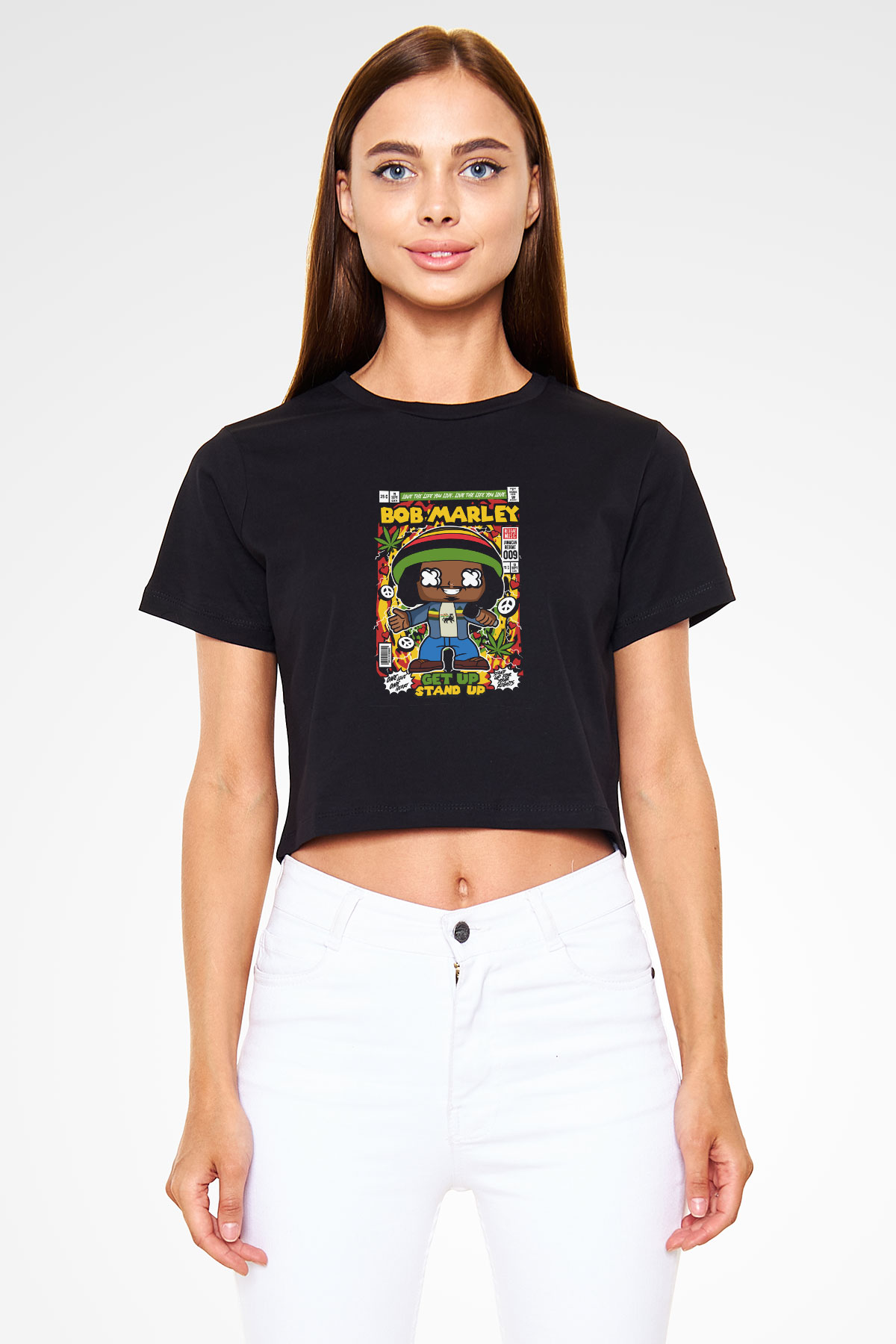 Bob Marley Baskılı Siyah Kadın Crop Top Tişört