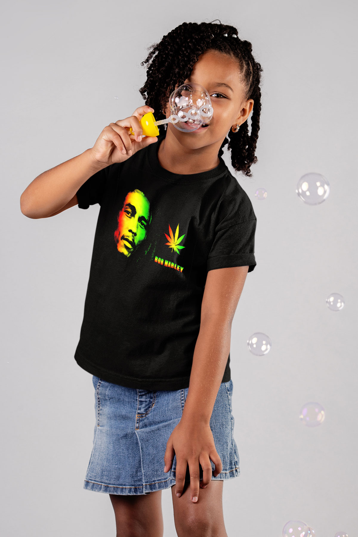 Bob Marley Baskılı Siyah Unisex Çocuk Tişört