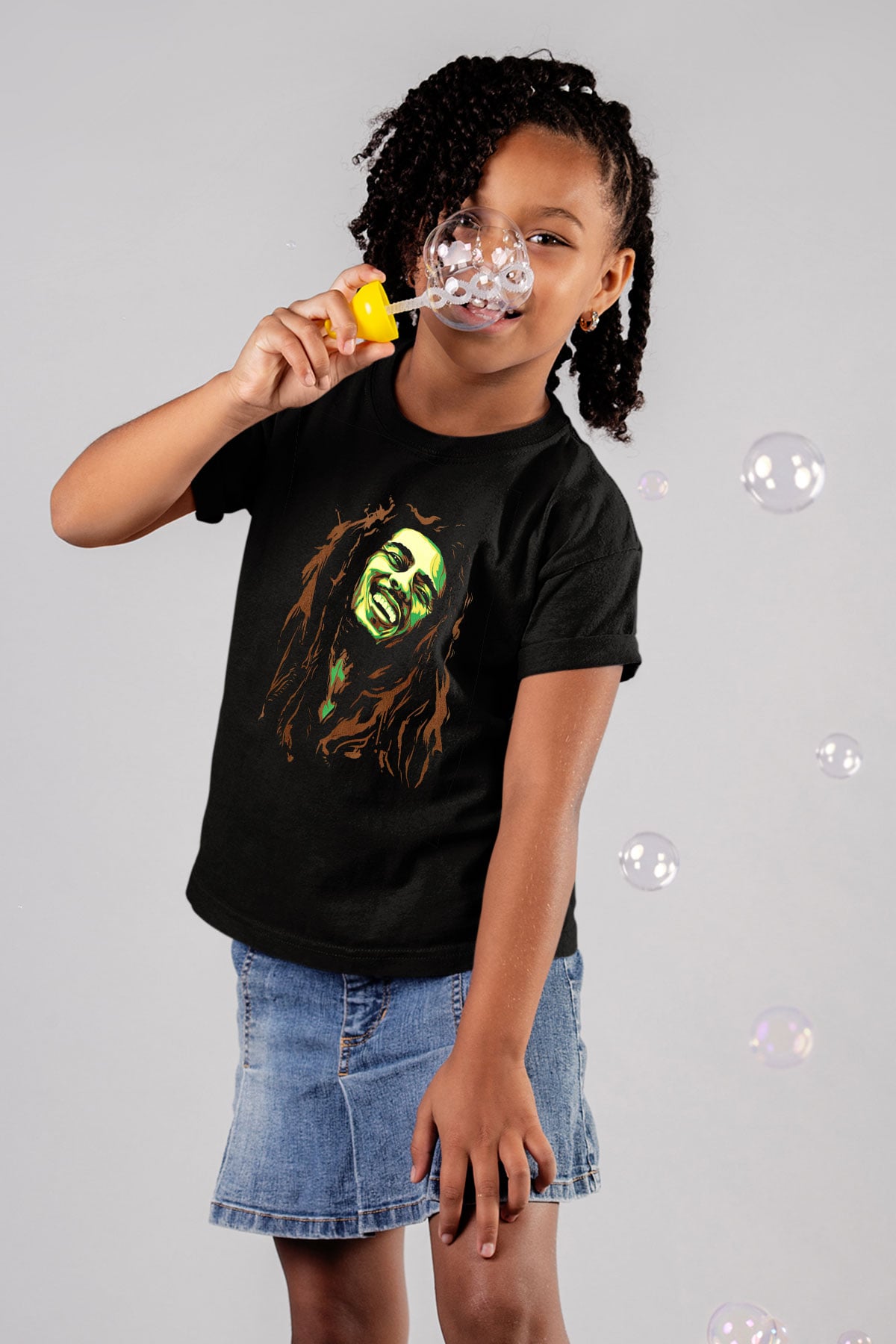 Bob Marley Baskılı Siyah Unisex Çocuk Tişört