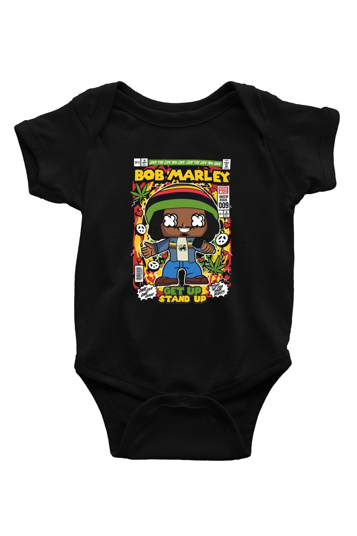 Bob Marley Baskılı Unisex Siyah Bebek Body - Zıbın