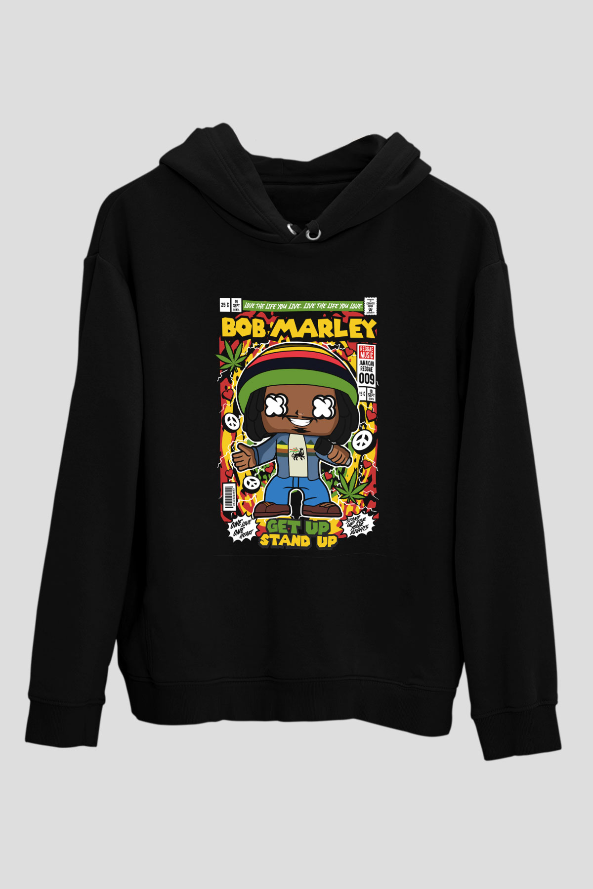 Bob Marley Baskılı Unisex Siyah Hoodie