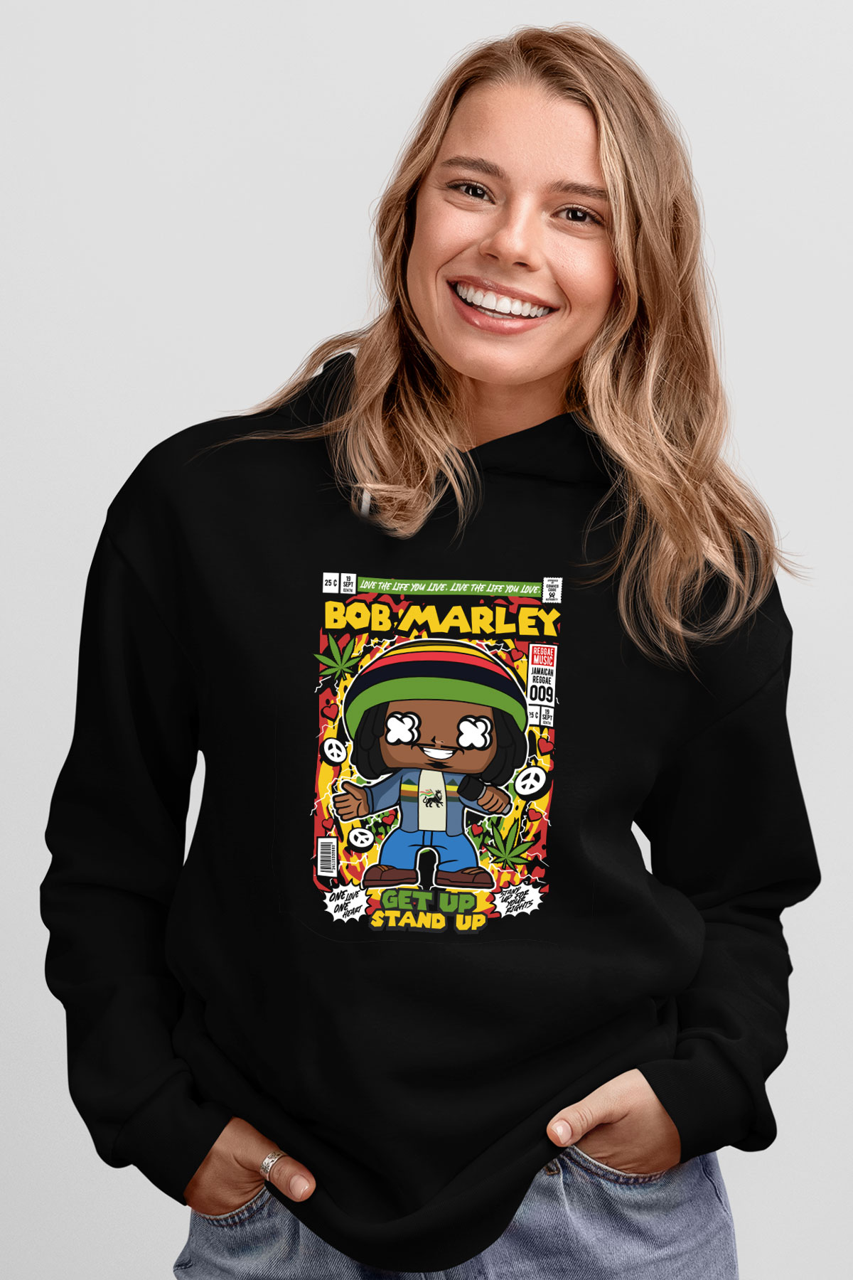 Bob Marley Baskılı Unisex Siyah Hoodie