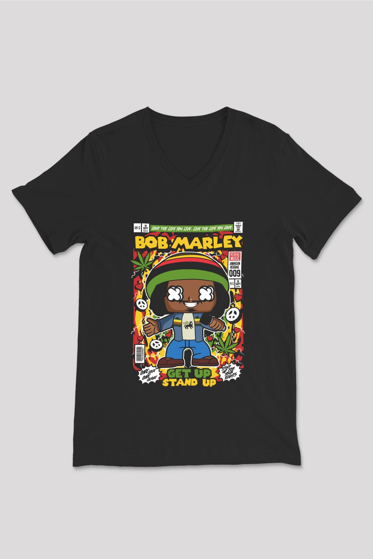 Bob Marley Baskılı Unisex Siyah V Yaka Tişört