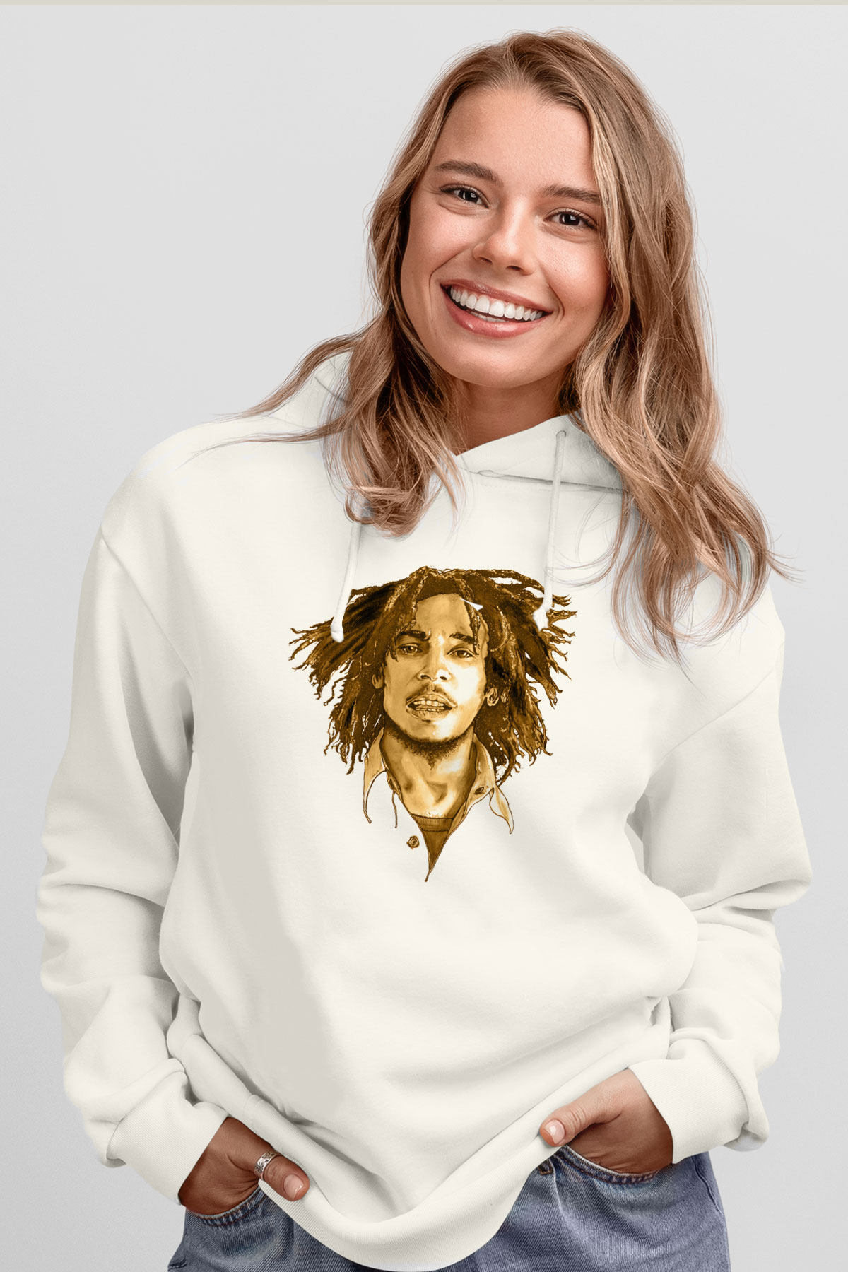 Bob Marley Beyaz Unisex Kapüşonlu Sweatshirt