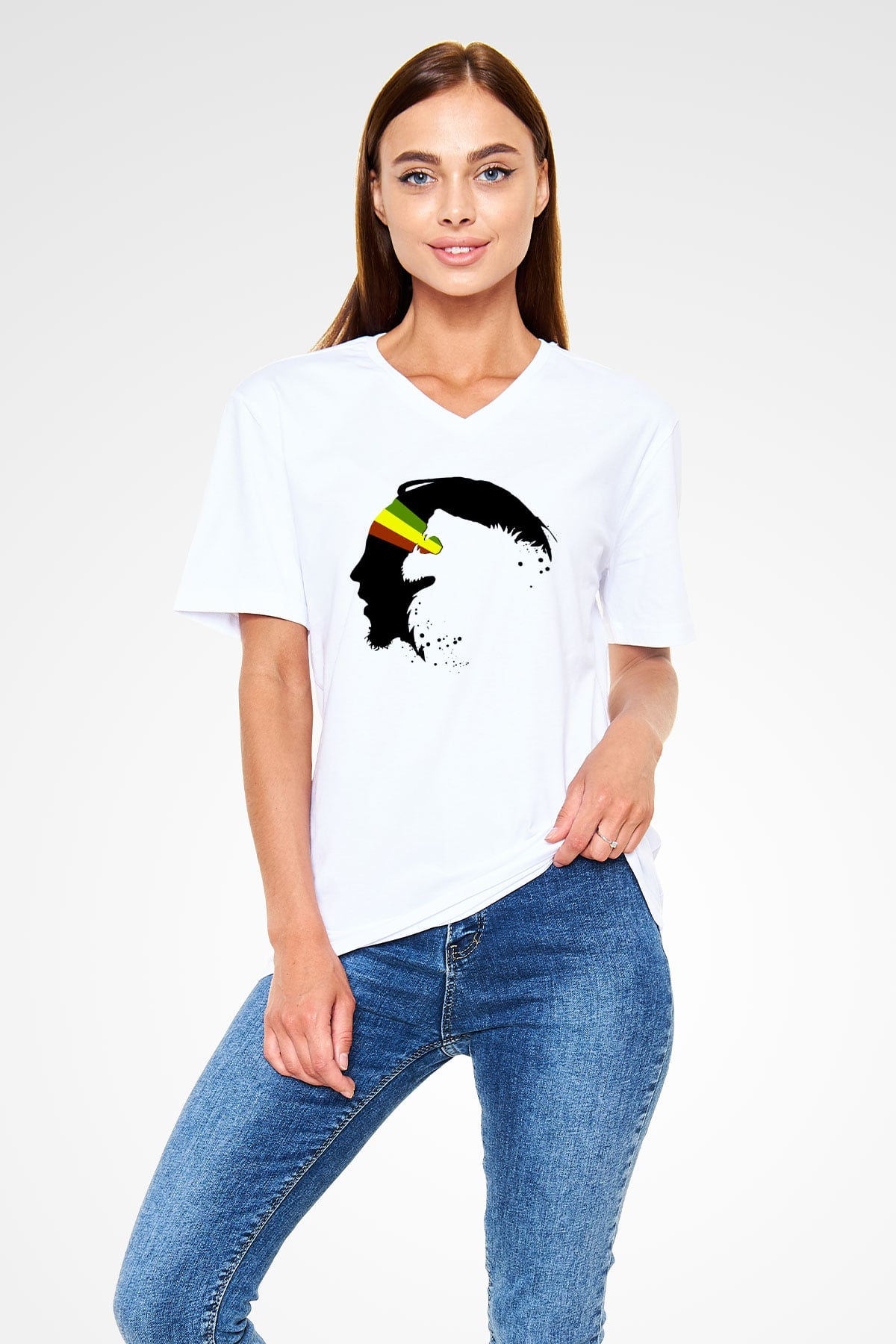 Bob Marley Beyaz Unisex V Yaka Tişört T-Shirt