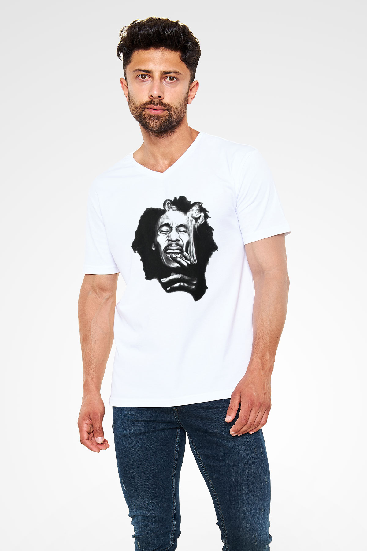 Bob Marley Beyaz Unisex V Yaka Tişört T-Shirt