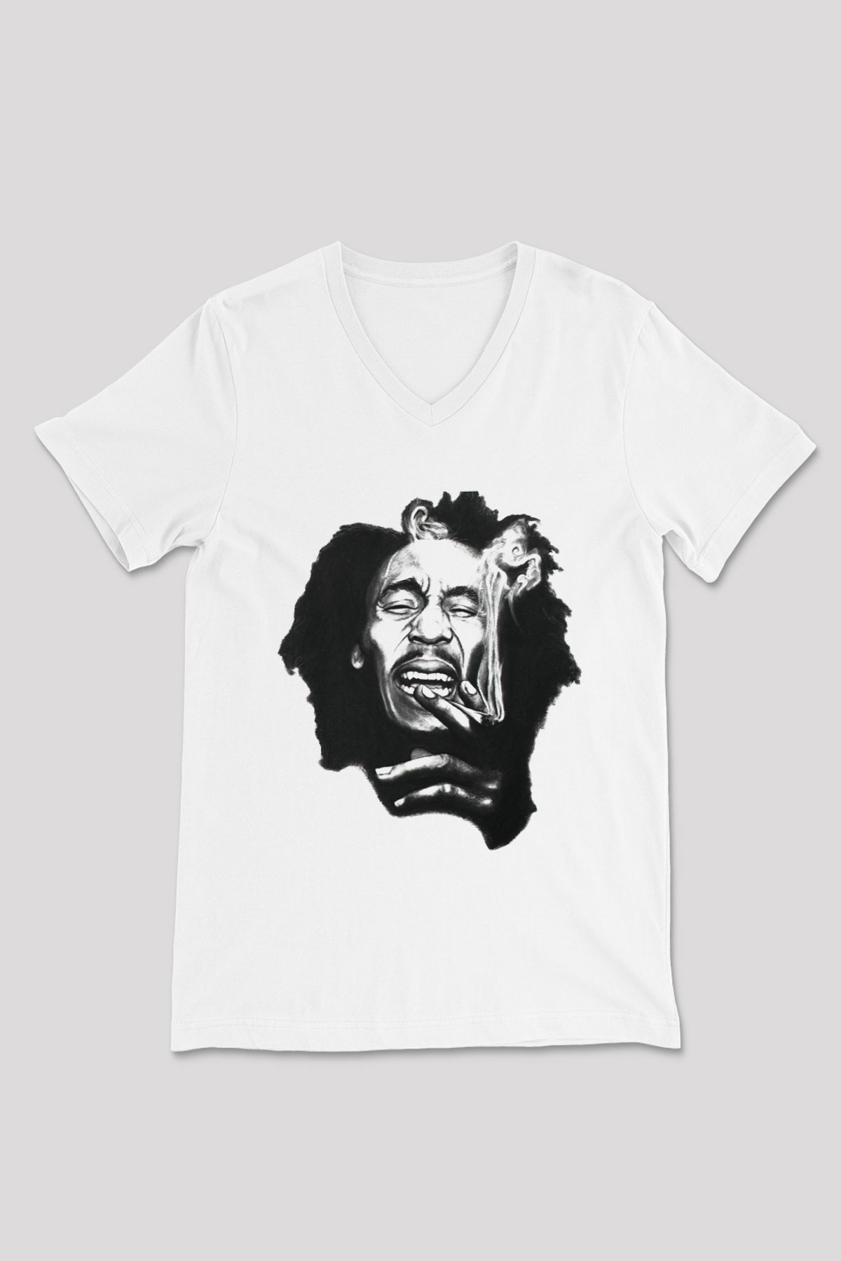 Bob Marley Beyaz Unisex V Yaka Tişört T-Shirt