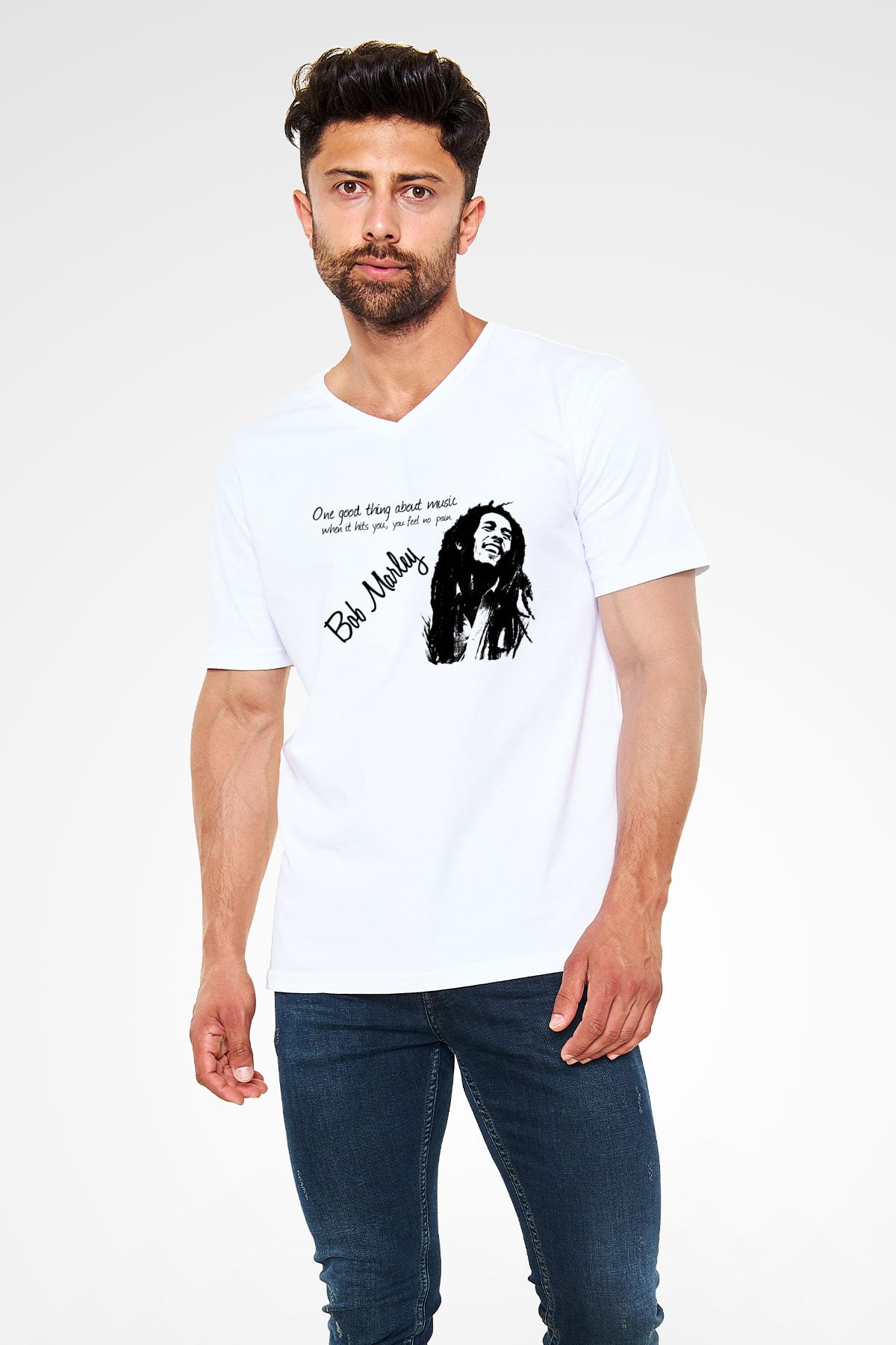 Bob Marley Beyaz Unisex V Yaka Tişört T-Shirt