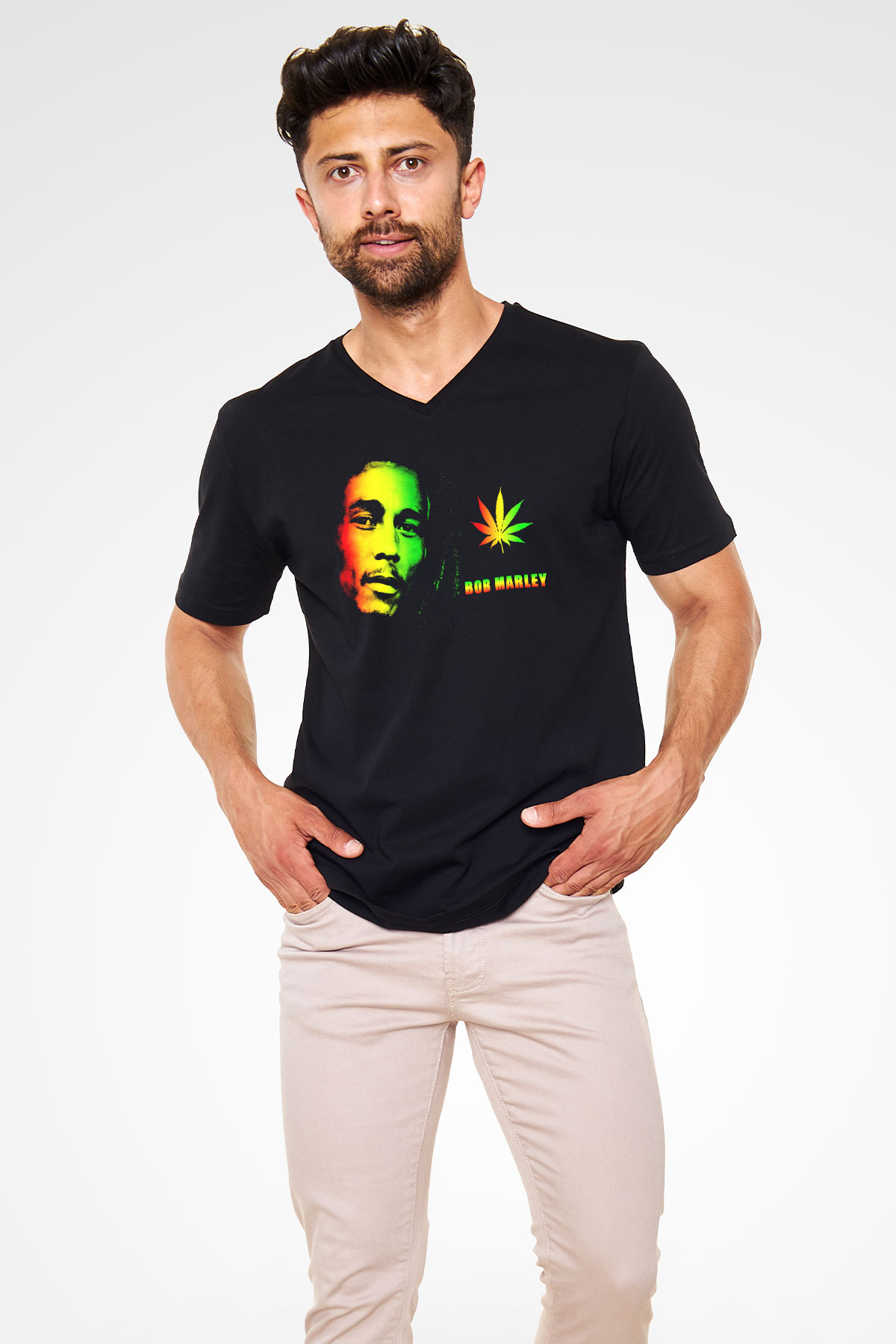 Bob Marley Siyah Unisex V Yaka Tişört T-Shirt